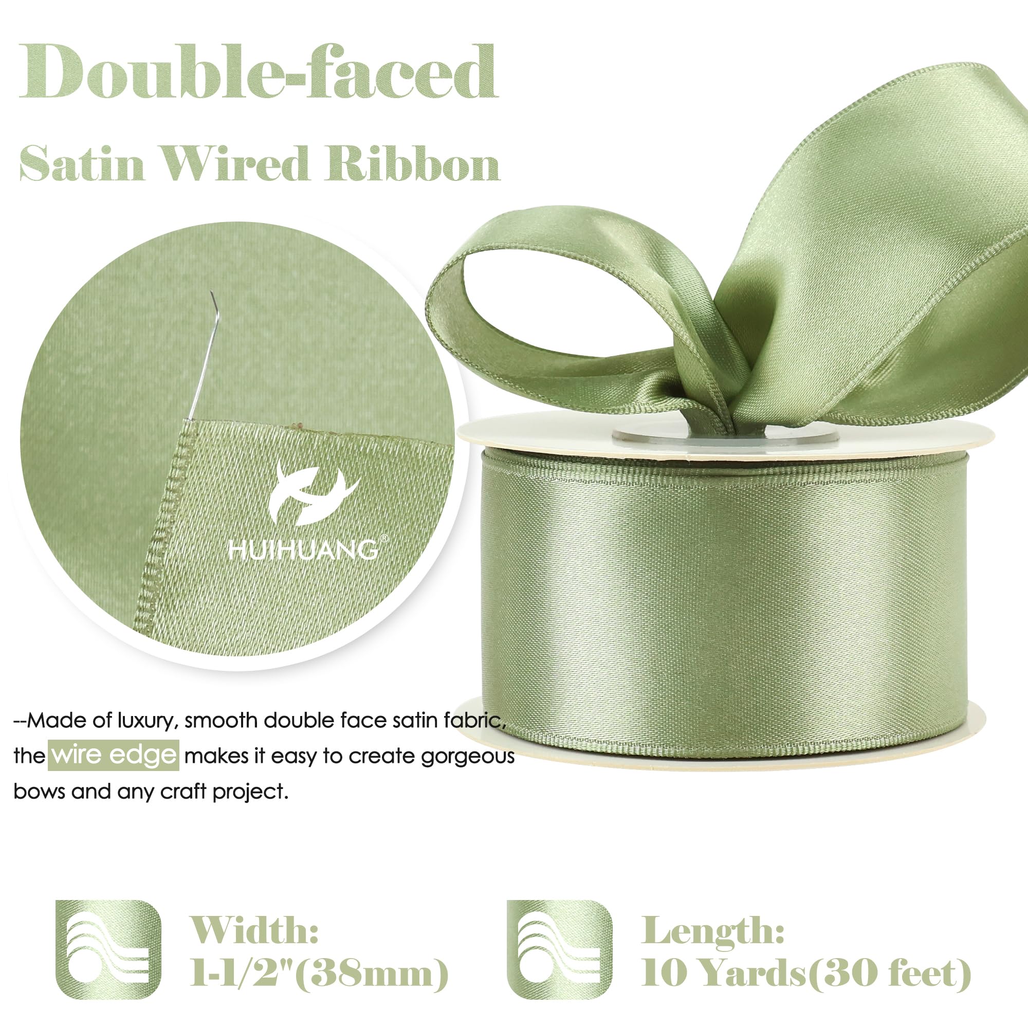 HUIHUANG Sage Green Satin Wired Ribbon 1-1/2 inch Spring Moss Wire Edge Ribbon for Bows, Gift Wrapping, Spring Wreaths, Garland, Wedding Decorations, Crafts, Christmas Tree-Continous 10 Yards