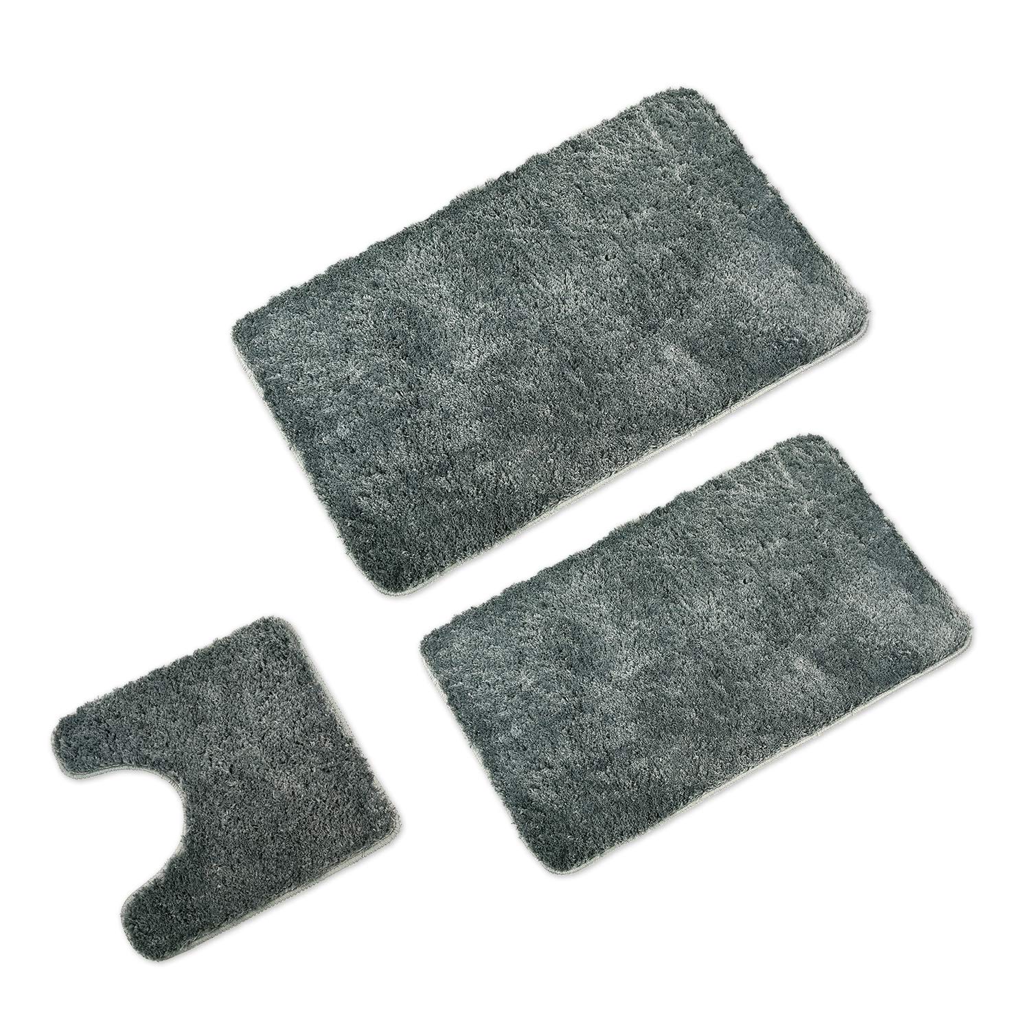WohnDirect Badematten Set 3tlg – Badteppich rutschfest waschbar | Hochflor-Badvorleger Set inkl. WC-Vorleger mit U-Ausschnitt, Anti-Rutsch-Unterseite, 4 cm Flor, Fußbodenheizung geeignet