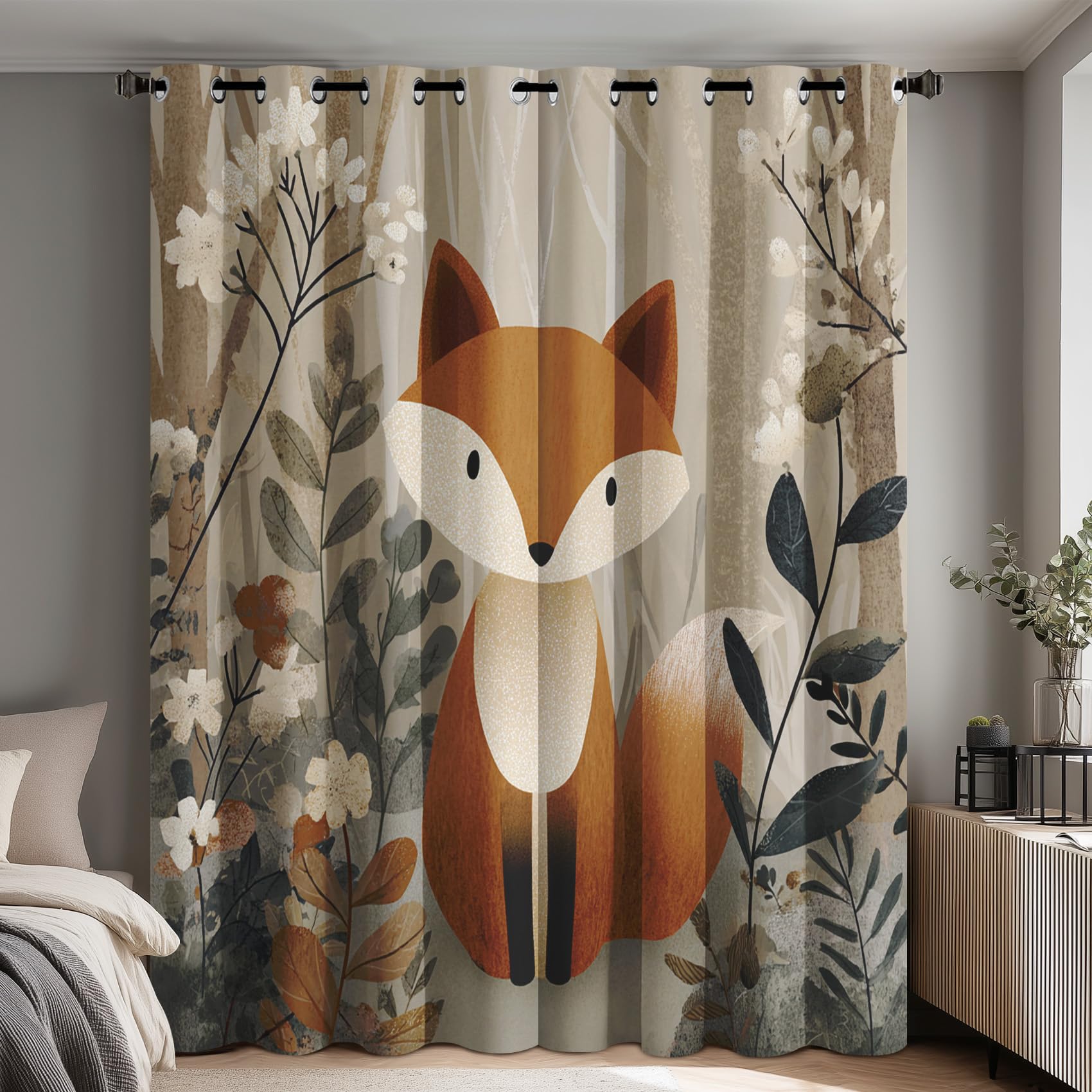 Generisch Blickdichte Vorhänge Cartoon-Fuchs, Wohnzimmer Schlafzimmer Deko, Pflanzen Blumen Fuchs Kinder Gardinen mit Ösen, Thermo Verdunklungsvorhänge 2er Set H137 x B117 cm pw&93