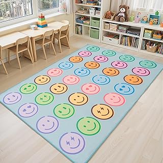 8' x 10' Classroom Rug for Kids with Pastel Smileys, Schoolgirl Style Educational Carpet for Preschool and Daycare, Large