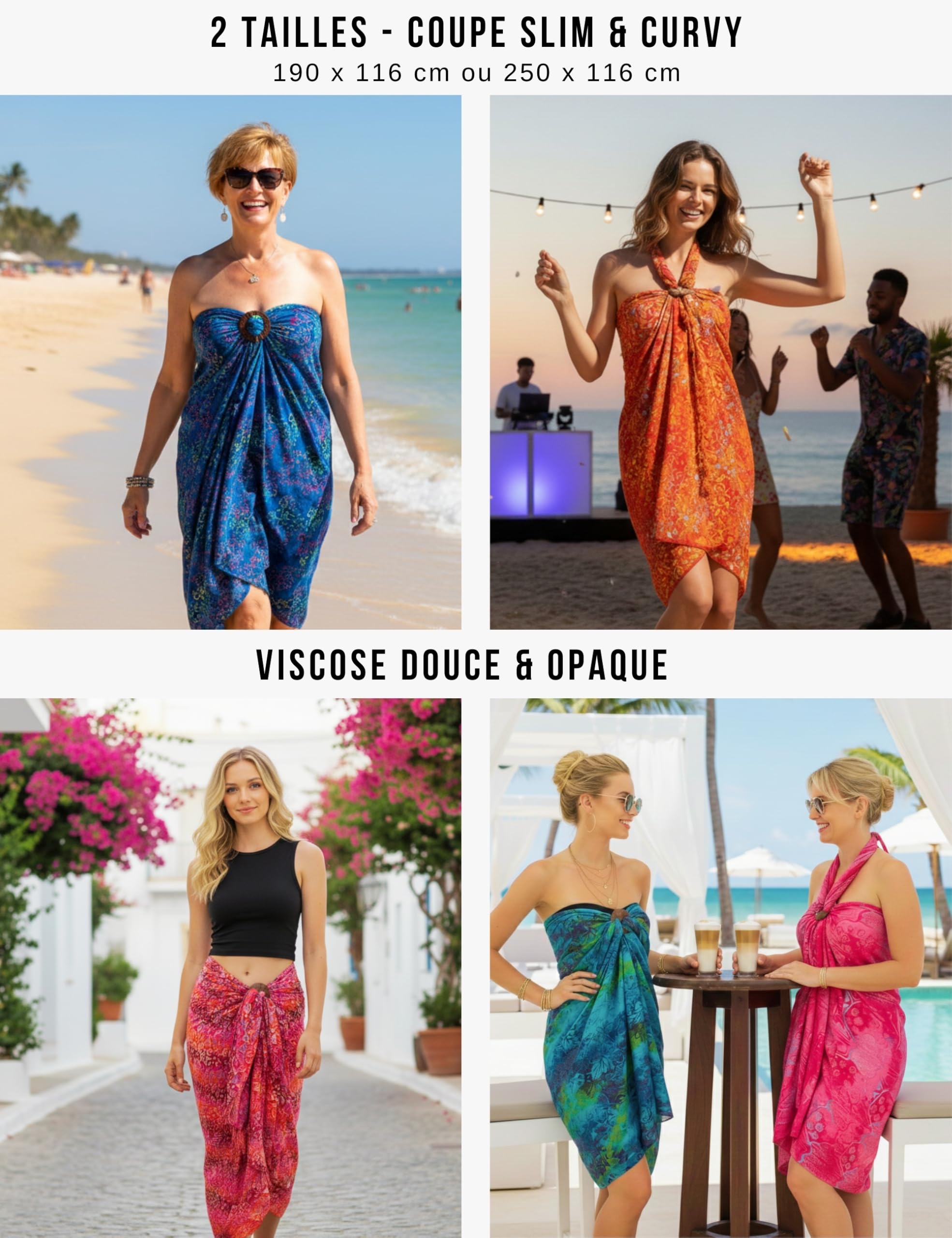 PANASIAM Paréo Sarong - L et XXL Opaque - Paréo de Plage en Viscose Fluide - Jupe Portefeuille ou Robe de Plage - Pour Femme et Homme - Léger Cache-Maillot - Pièce Unique Artisanale d’Indonésie