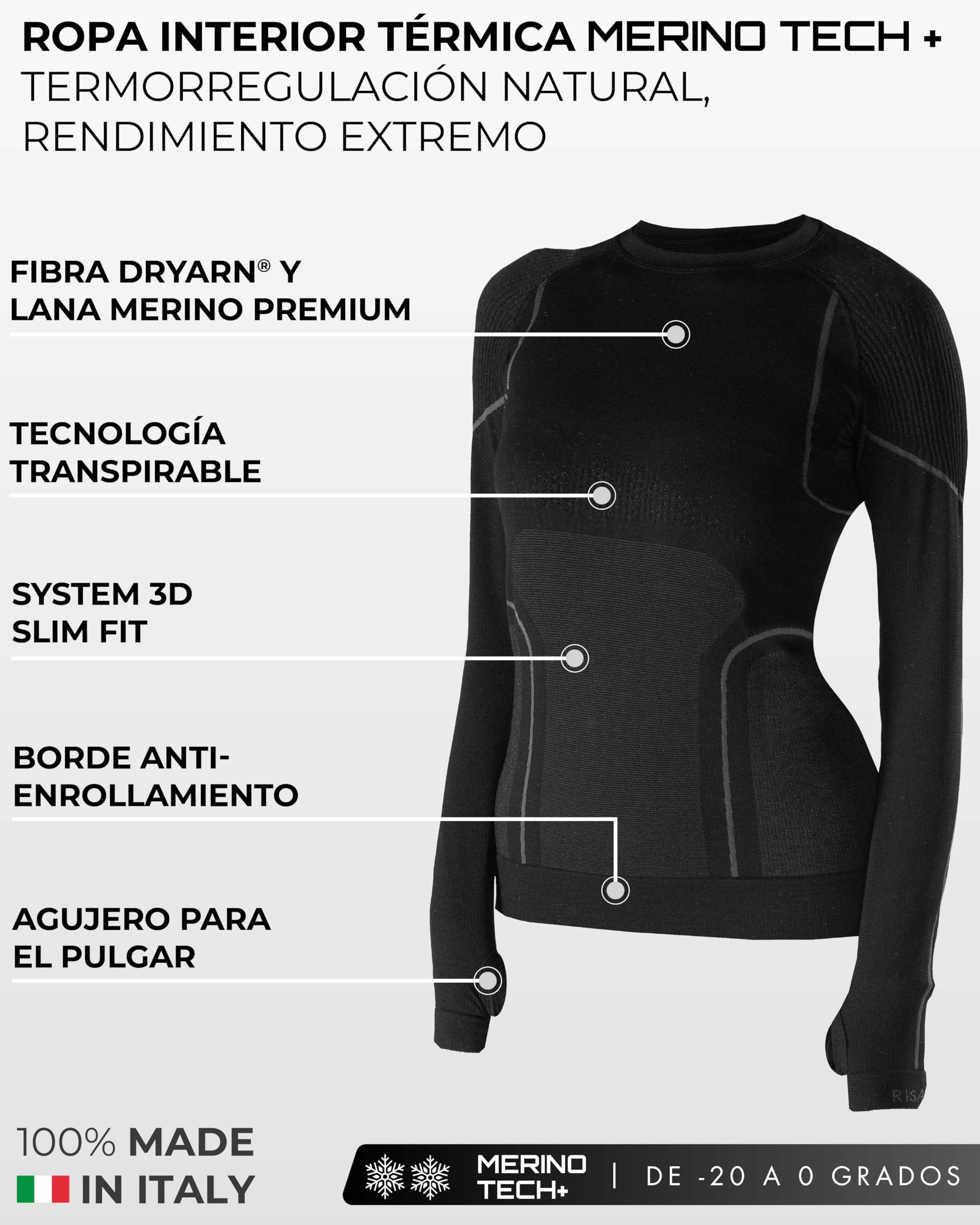 Risalti Ropa Termica Mujer Frio Lana Merino Tech – Camiseta Termica Mujer Manga Larga y Mallas Lana Merinos, Ropa Interior Invierno Transpirable y Termorreguladora, Seamless – Made in Italy