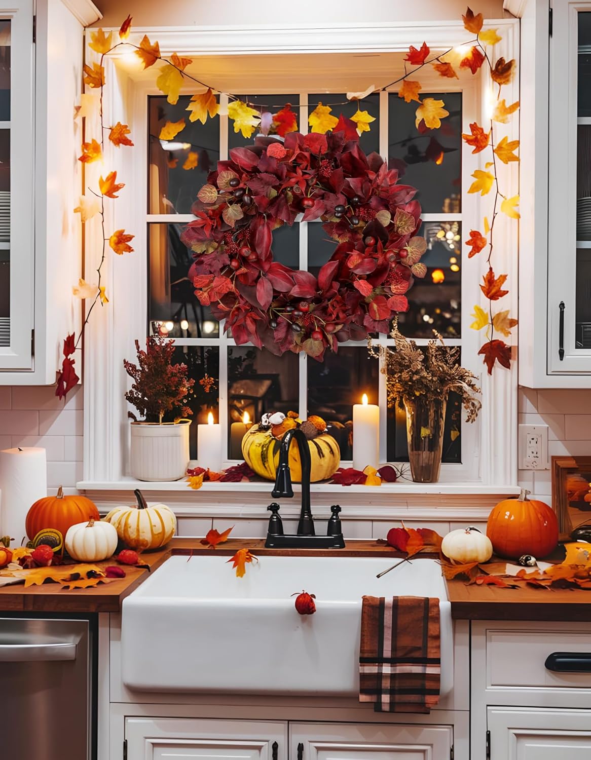 24 lnch Artificial Fall Wreath for Front Door, Large Autumn Wreath with Maple Bay Grape Leaves Berries Fall Door Wreaths for Indoor Outdoor Farmhouse Home Porch Wall Window Thanksgiving Wedding Decor - Image 6
