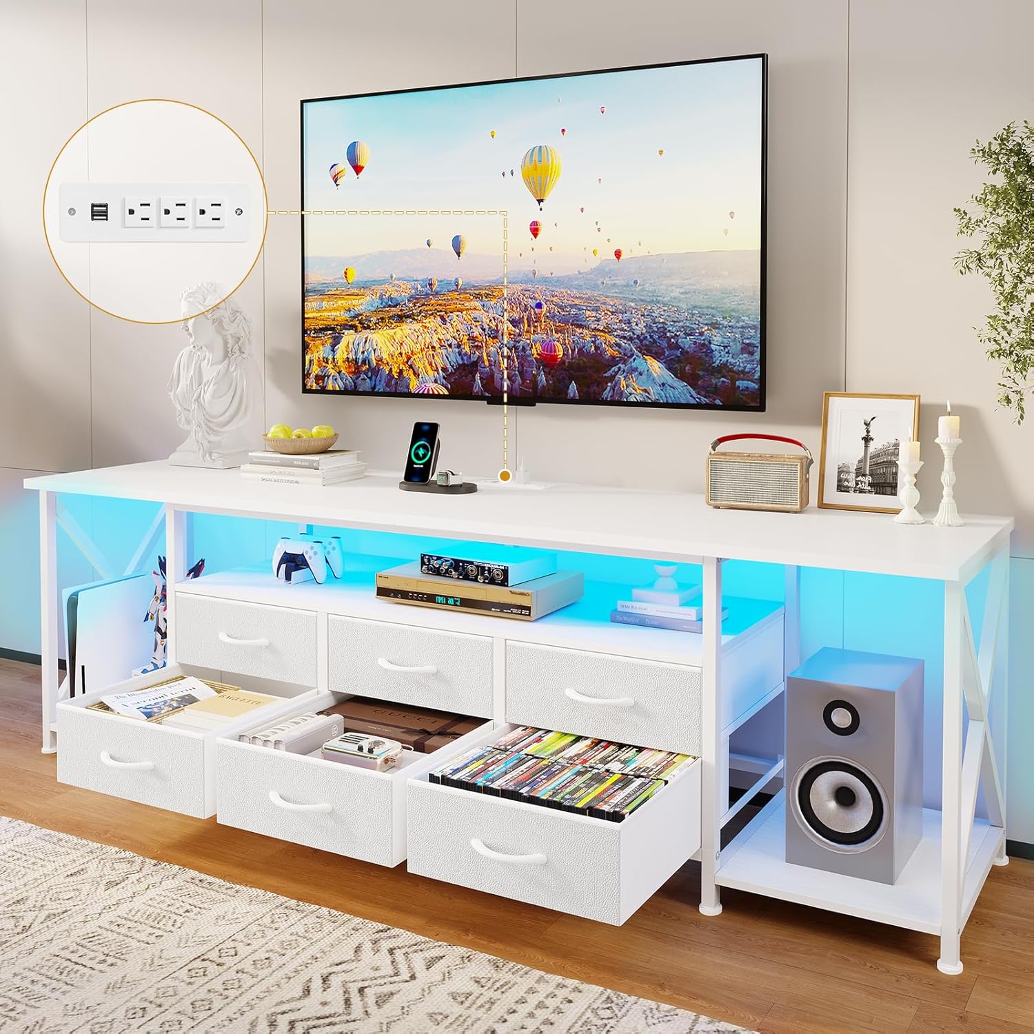 BTHFST TV Stand with LED Lights & Power Outlets, 6 Fabric Drawers Entertainment Center with Open Storage Shelves, 63" TV Media Console Table for Living Room, Bedroom, White