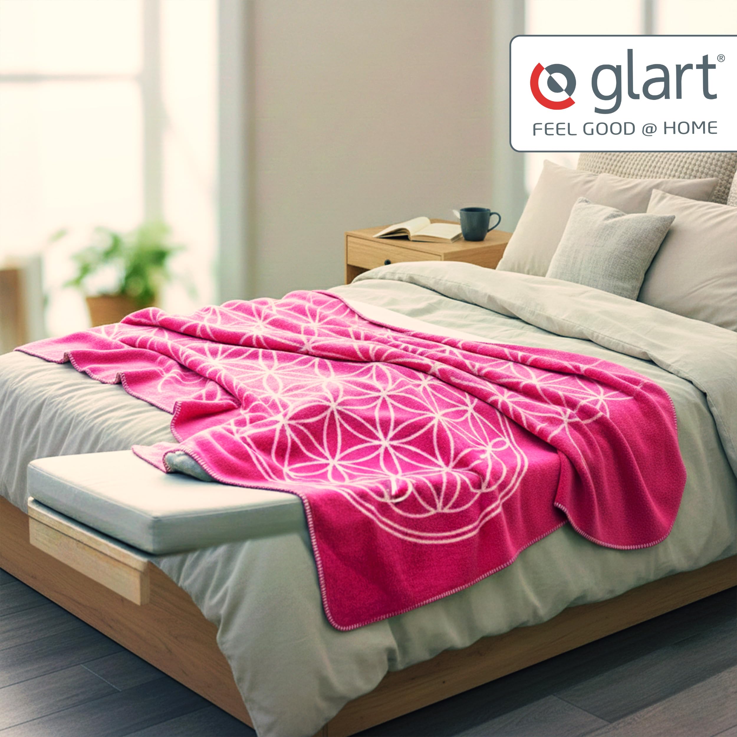 Glart J2BP coperta morbida Fiore della Vita rosa per divano | coperta morbida e plaid per divano, design Fiore della Vita in rosa, in misto cotone-acrilico