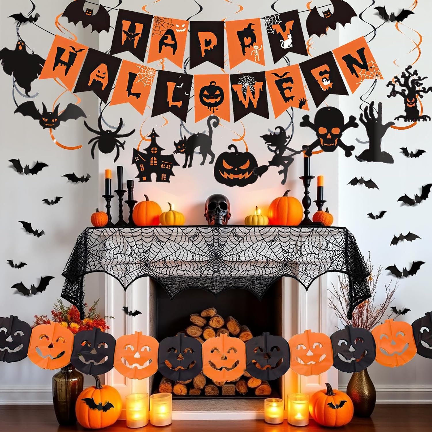 Halloween Decorations Indoor Set - Happy Halloween Banner, Fireplace Mantel Scarf, 28 Pcs 3D Bat Stickers, Pumpkin Bat Hanging Swirl for Reusable halloween Indoor Decorations Kit