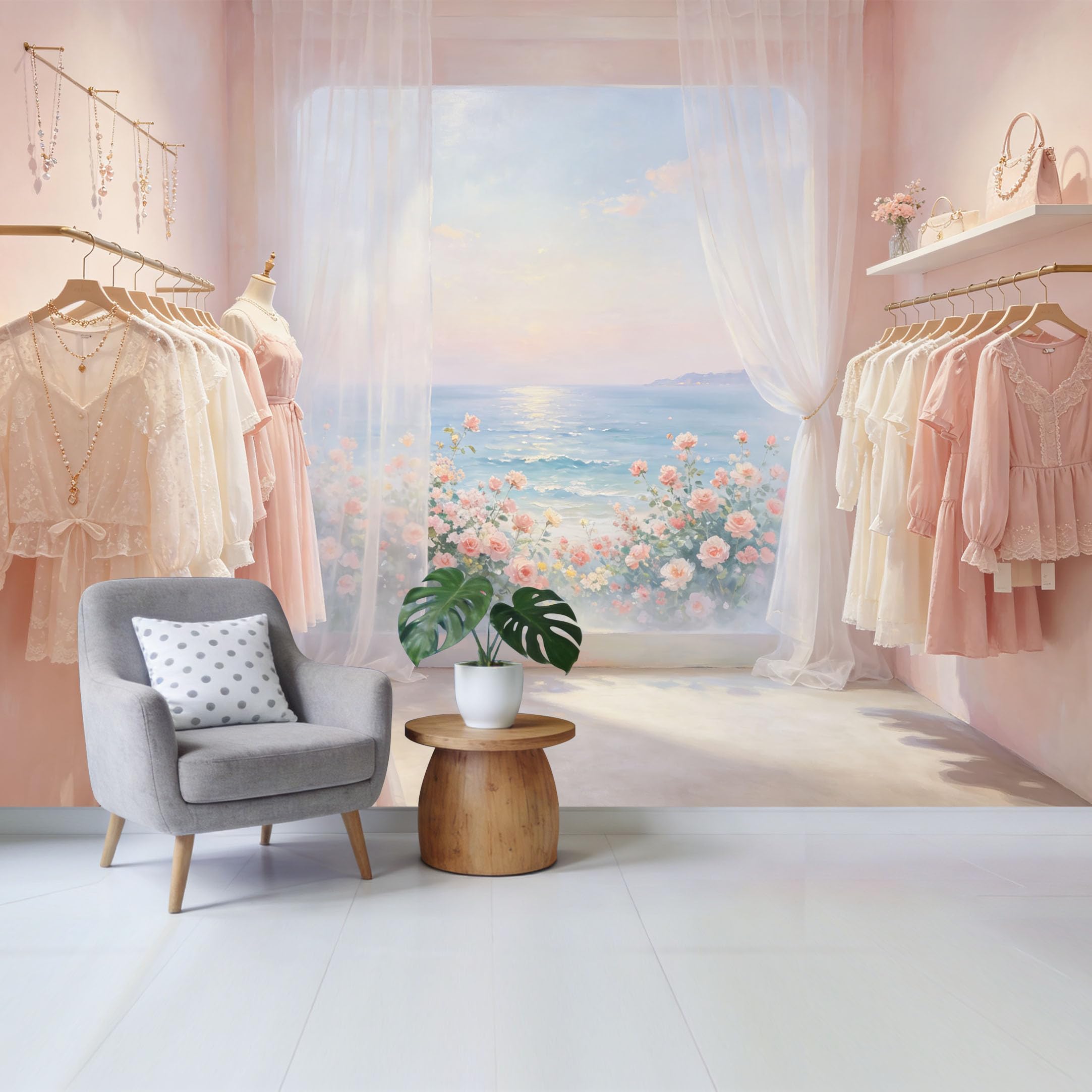 Qzlithotic Yq2605251151 Custom Size Wall Mural Pink Floral Ocean View Watercolor Landscape Selfadhesive Wall Fabric Removable Wallpaper For Home Office Decor