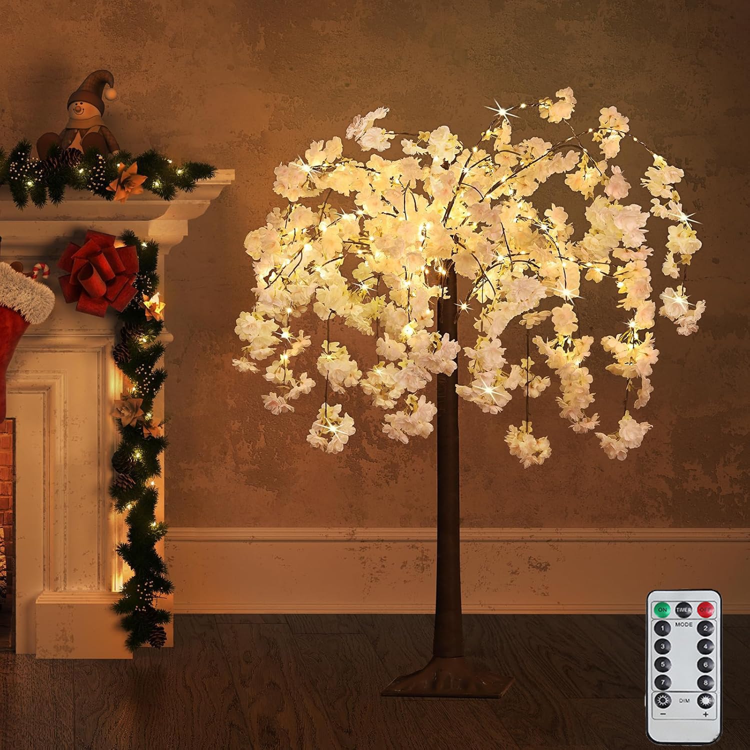 Illuminated Cherry Blossom Tree 180cm, LED Tree Light 8 Light Modes with Remote Control, Artificial Cherry Blossom Tree Pink with 450 Lights, Deco Lamp Indoor Outdoor for House Home Party,150CM