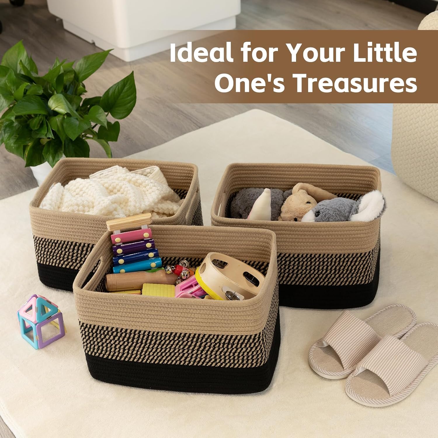 Cotton Rope Storage Basket, Woven Basket for Organizing, Rectangle Decorative Baskets for Shleves, Books, Toys, Towel Baskets for Bathroom - Pack of 3 (Black & Brown)