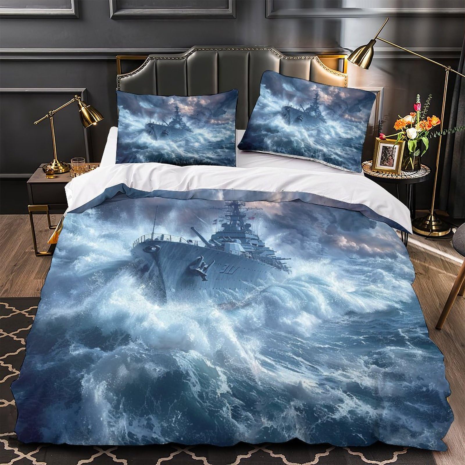 MMDASBVPE Warship in Storm Duvet Cover 3D Design Printed Machine Washable 3 Pieces Bedding Set Zipper Comforter Cover Hotel Quality Breathable for Adults Kids Women Teens Youth Single（140x200cm）