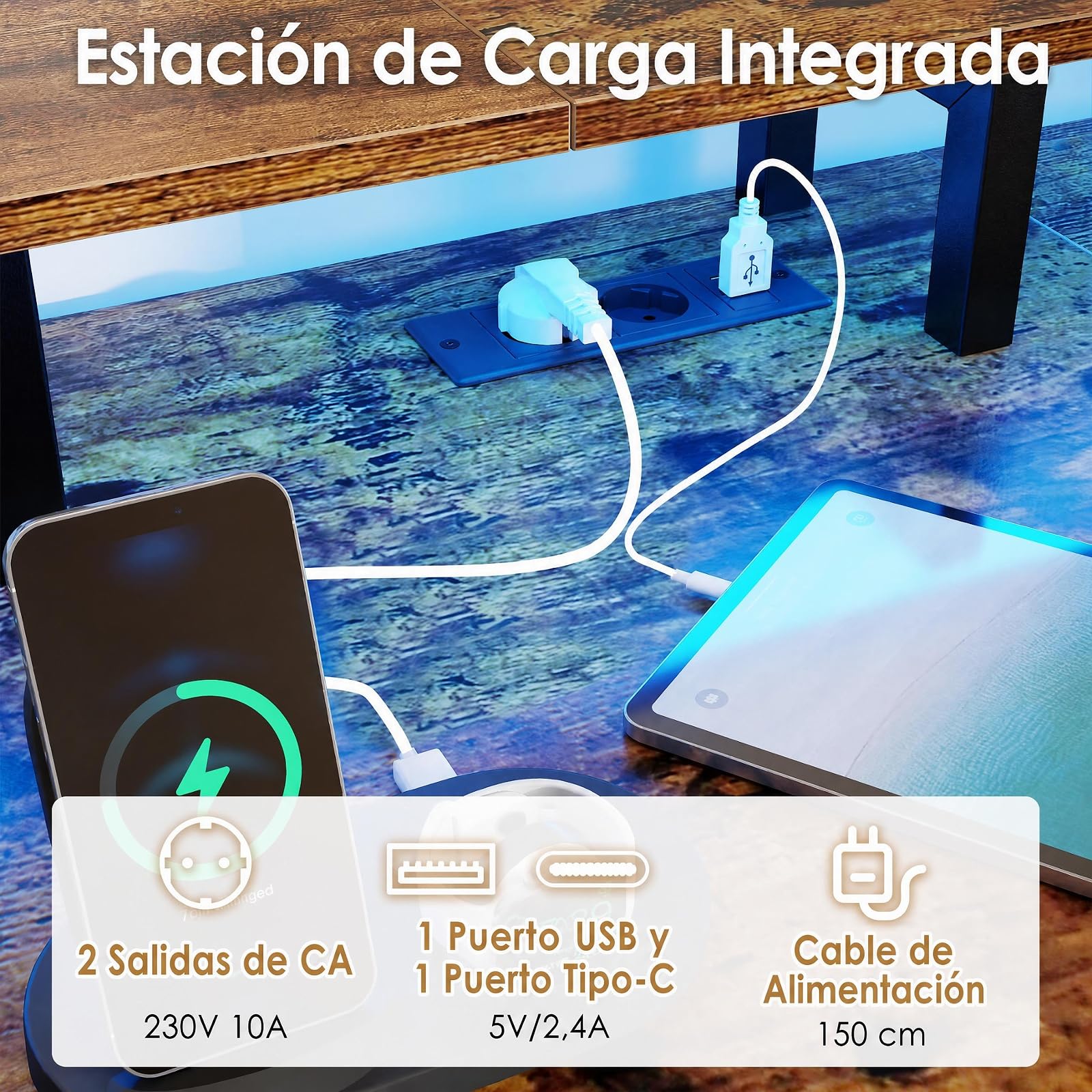 COSTWAY Escritorio Gaming Reversible con Estación de Carga y Luces LED, Marrón