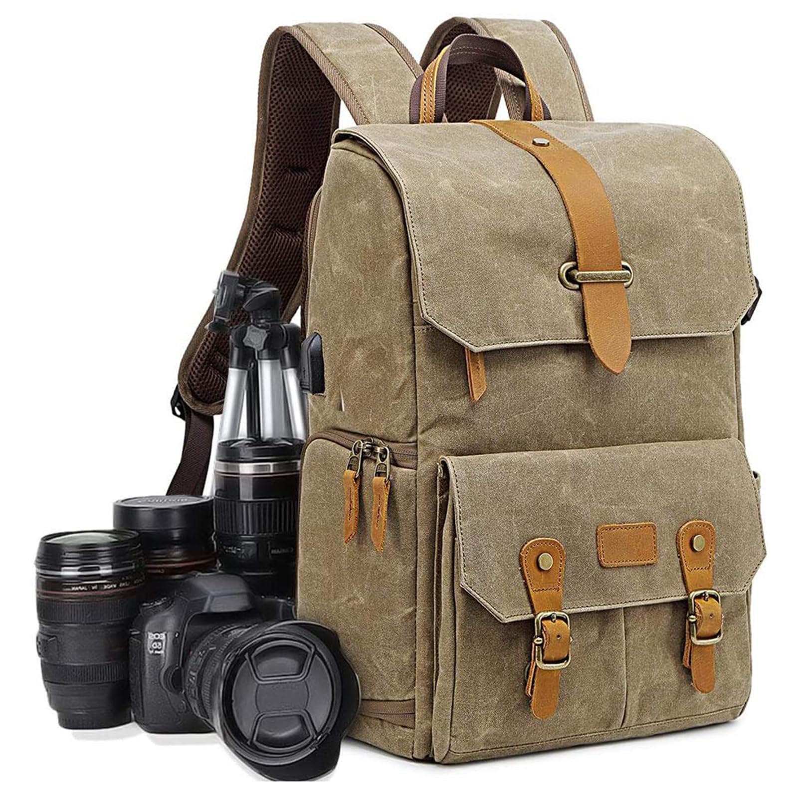 KAPEICamperCamera Backpack, DSLR SLR Waterproof Canvas Camera Bags Rucksack 15.6 inch Laptop Bag Travel Bag for Canon Nikon Sony Camera and Lens Tripod Accessories