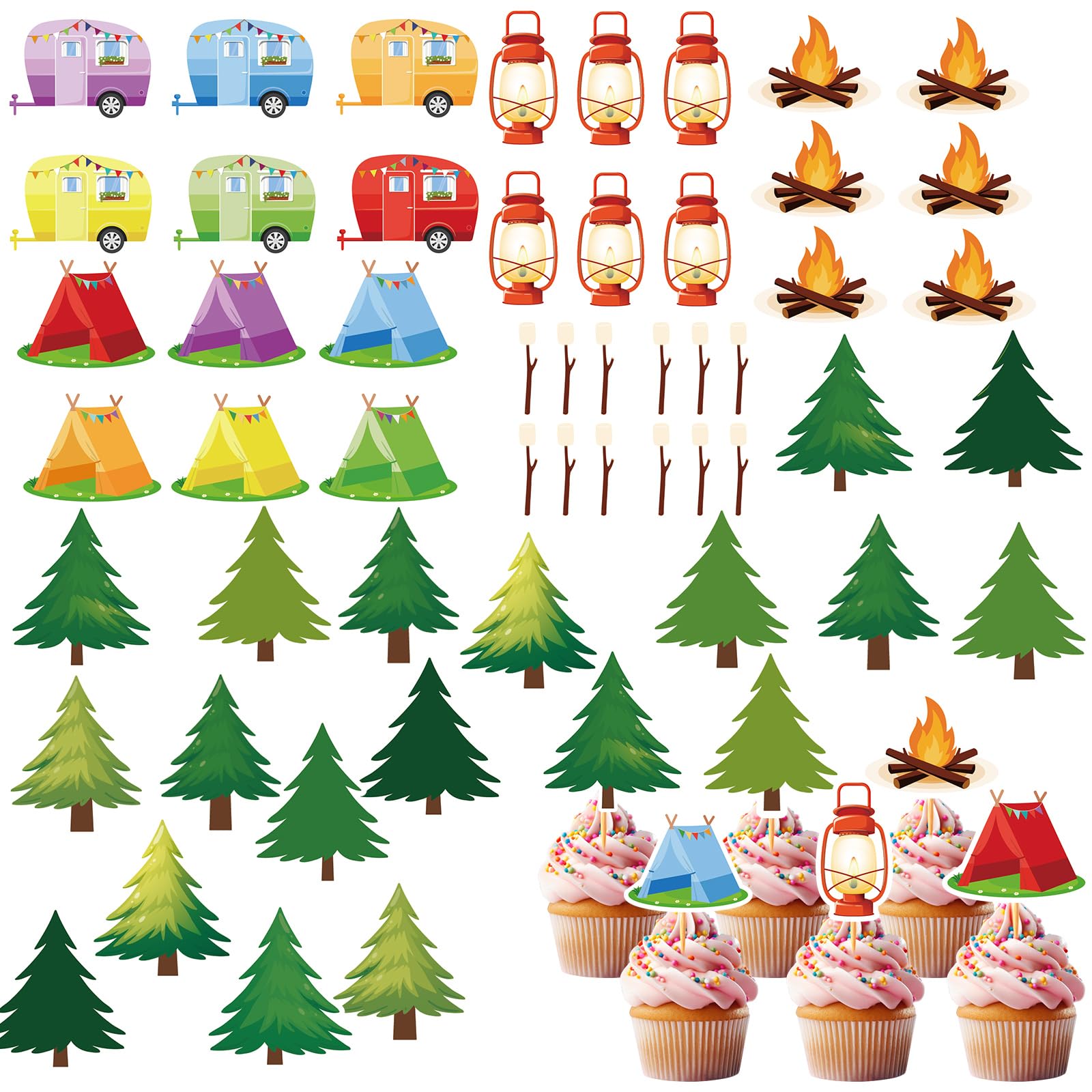 54 Pcs Camping Cake Decorations, Happy Camper Cupcake Toppers