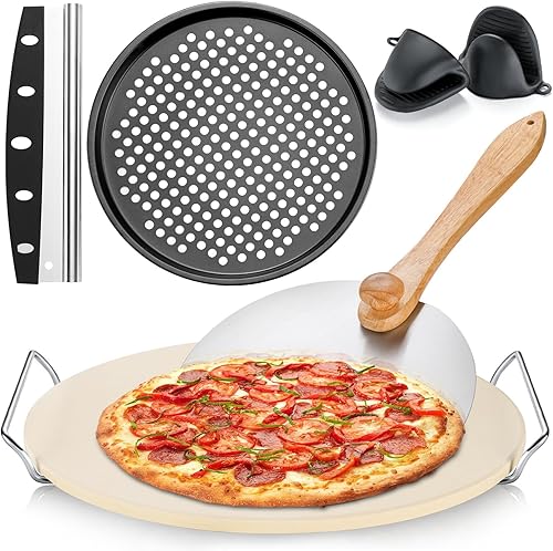 Unokit Juego de piedras redondas para pizza de 13 pulgadas para horno y parrilla con estante de metal, juego de piedras para hornear de cordierita