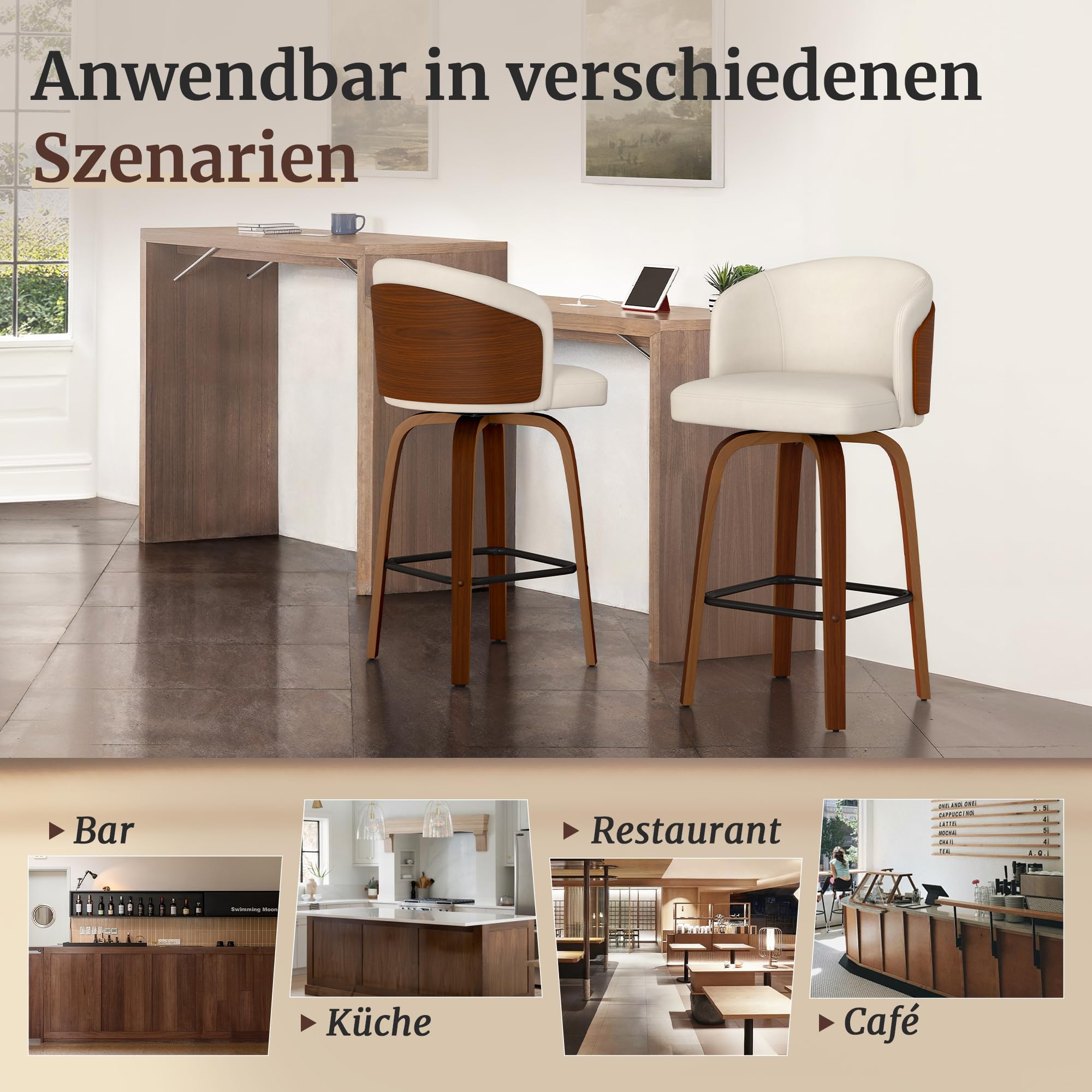 LUE BONA Barhocker 2er Set, 360° drehbarer Barhocker mit Lehne, 65cm Sitzhöhe, Kunstleder & Massivholz, Barstuhl mit Holzbeine und Fußstütze, Barstühle für Bar, Esszimmer, Kücheninsel, Cremeweiß