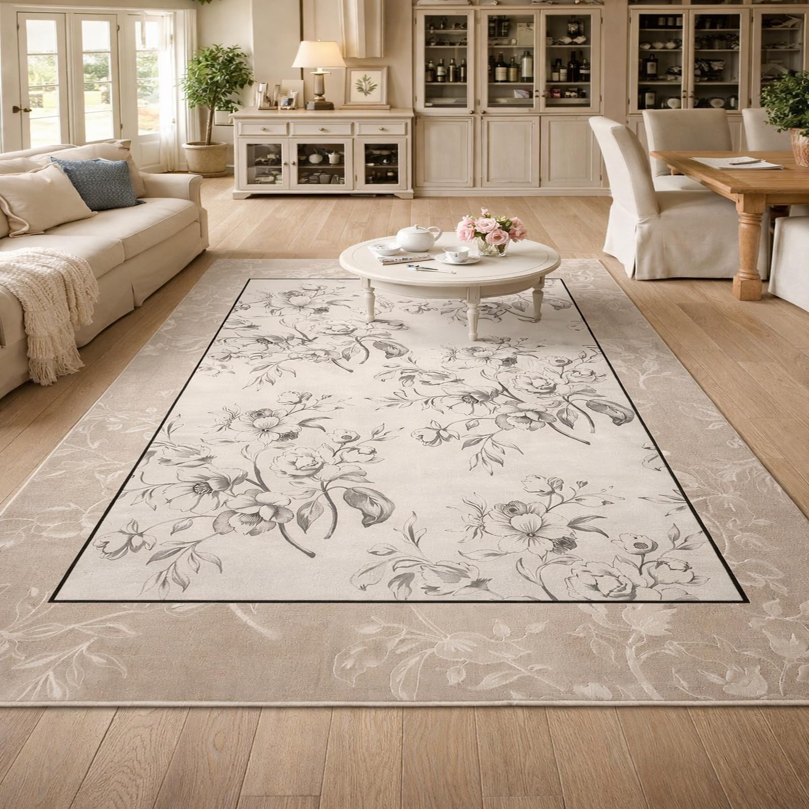 Alfombras para dormitorio lavables con base antideslizante Rururug y diseño floral beige
