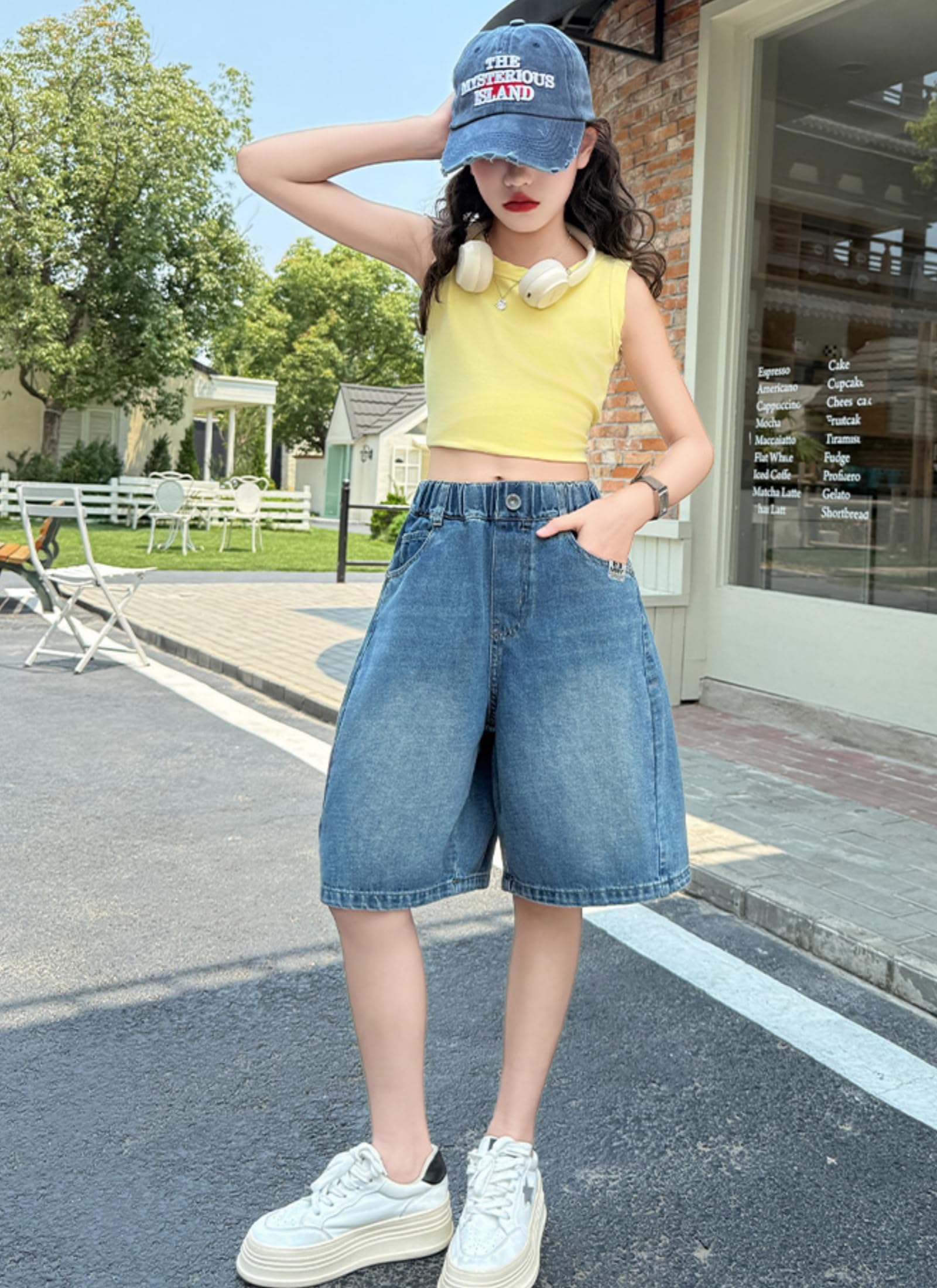 Rolanko Pantalones Cortos Vaqueros para Niñas, Cintura Elástica Bermudas Pierna Ancha Pantalones Cortos de Verano hasta La Rodilla