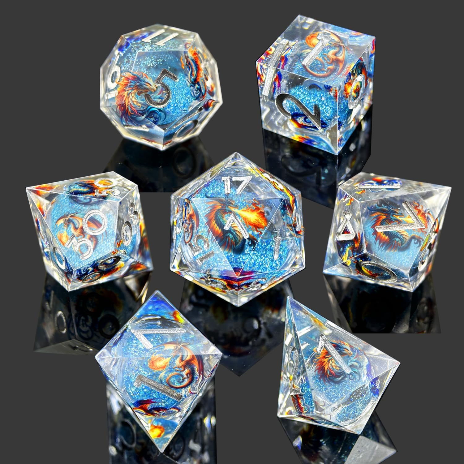 DND Dragon Resin Dice Set 7 Pcs Polyhedral Dice/Transparent Resin Dice with Embedded Dragon Phoenix Art, Premium Tabletop Game Dice for TTRPG, Pathfinder, MTG (Blue & Silver)