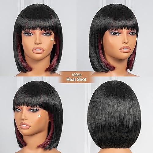 Miniatura 6 de ToyoTress Pelucas Peek-a-boo Bob Burgundía con flequillo - 25,4 cm de pelo liso Yaki para disfraz diario para mujeres negras, pelucas cortas