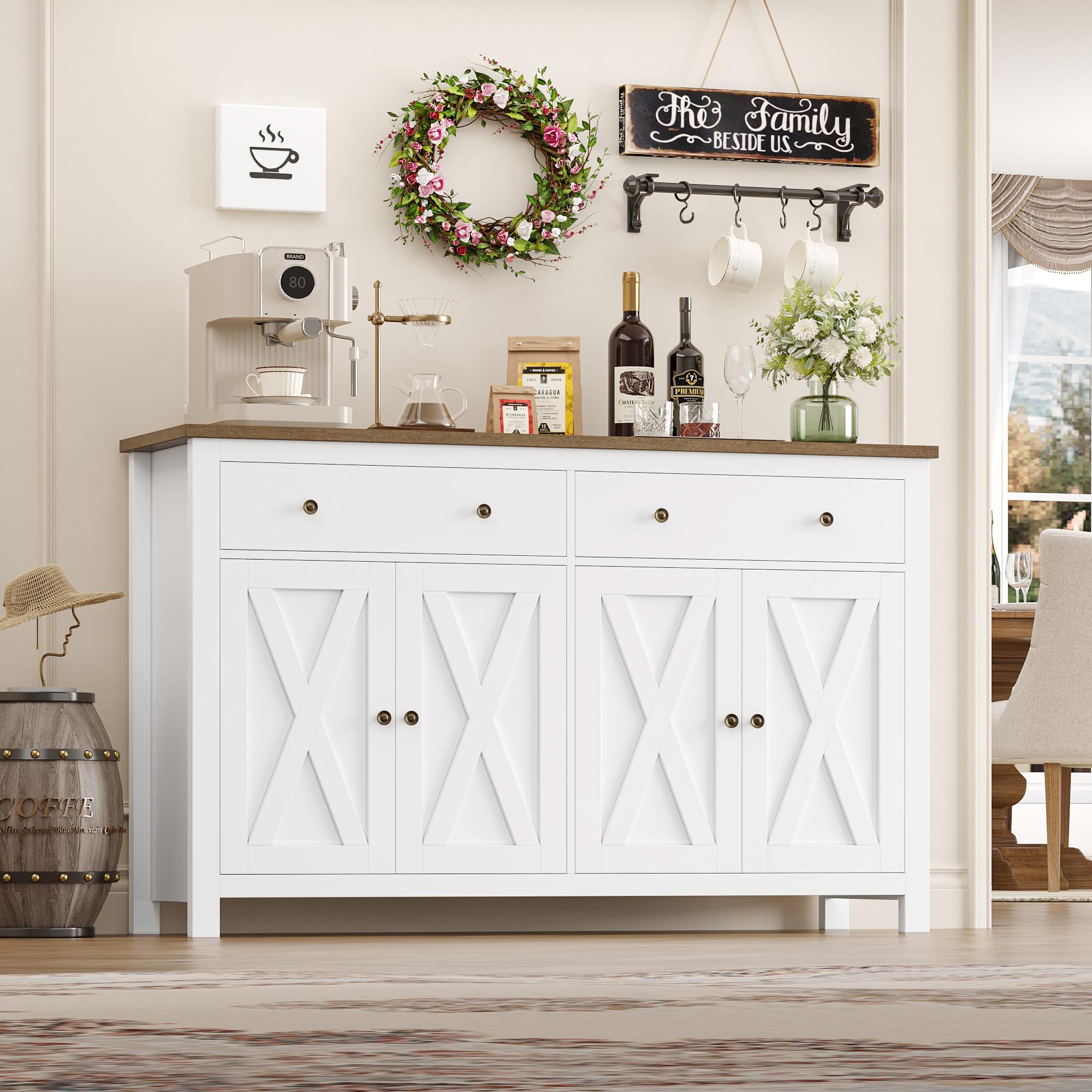 FirFurd Larga 140cm Mobile Cucina, Credenza Cucina con 2 Cassetti e 4 Ante, Moderno Buffet Mobile con Ripiani Regolabili e Rimovibile, Per Cucina, Sala da Pranzo, Soggiorno, 140x40x89cm, Bianco