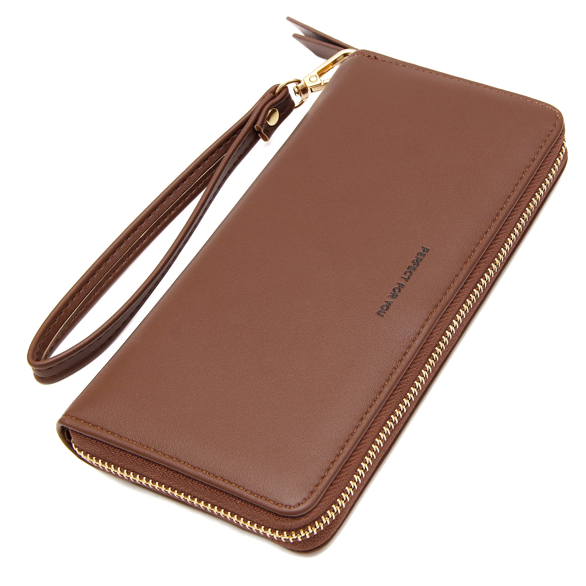 VOCUS Womens Wallet RFID Blocking Zip Around Wallet PU Leather Large Travel Long Purse Credit Card Holder with Wristlet, Coffee, Large Capacity, Classic