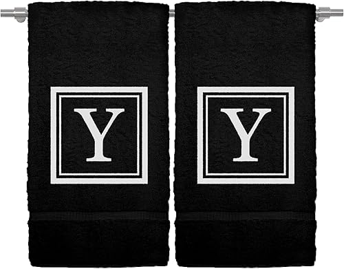 Miniatura 99 de Monogrammed Hand Towel, 16 x 30 Inches Set of 2, Personalized Gift- White Letter Embroidered with Square Design on Black Towel - Extra Absorbent