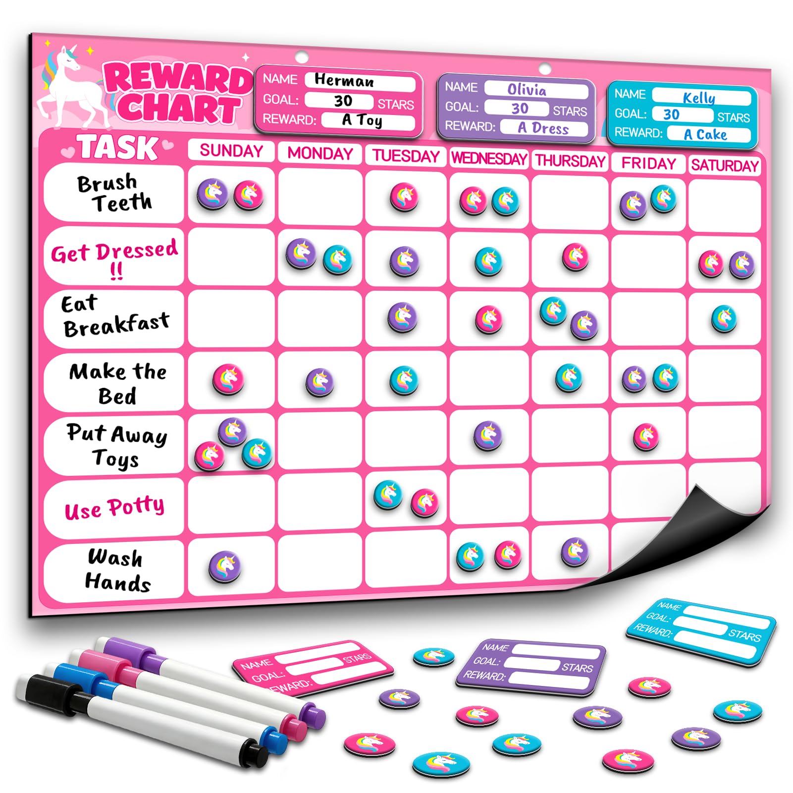 Magnetic Reward Chart for Kids, Customizable Dry Erase Weekly Chore Chart