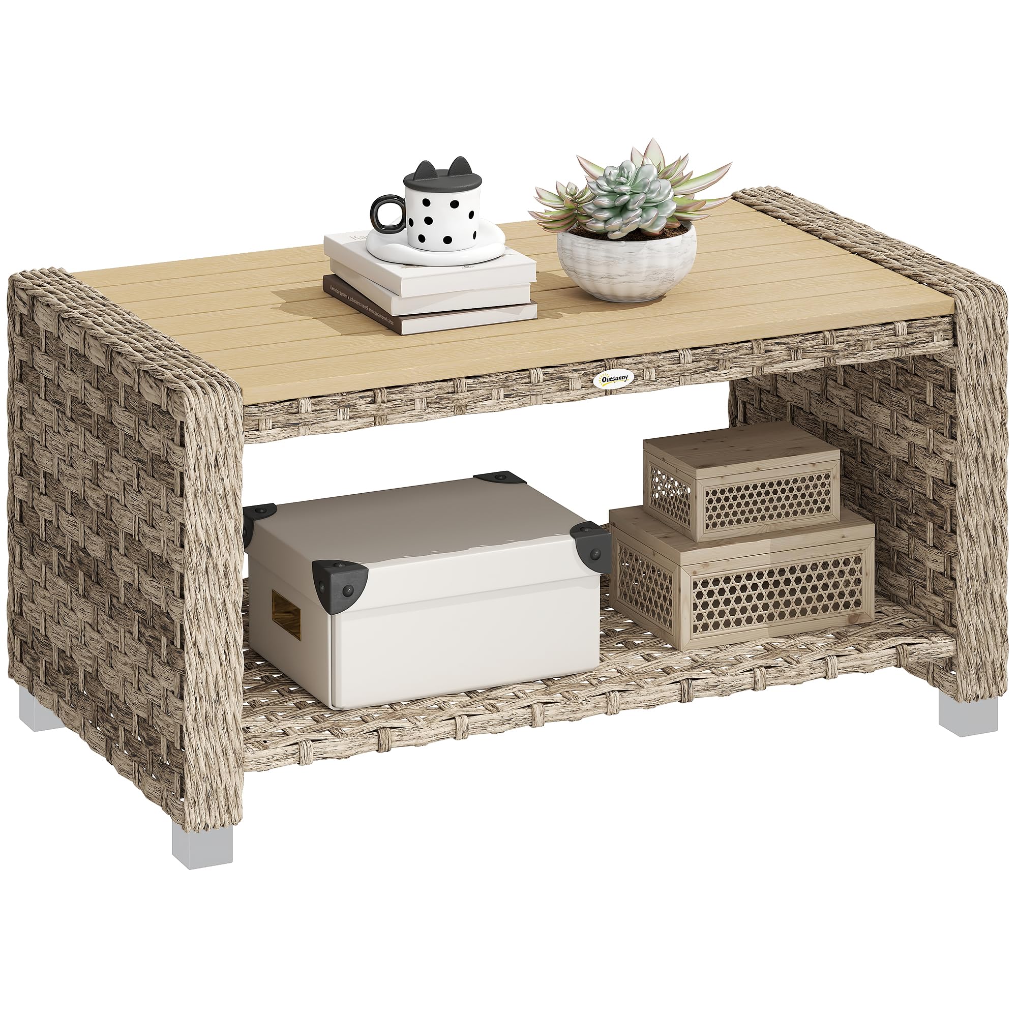 Outsunny Outdoor Coffee Table with Storage Shelf, PE Rattan Side Table with Slatted Top and Foot Pads for Patio, Garden, Balcony, 90 x 50 x 45 cm, Light Brown