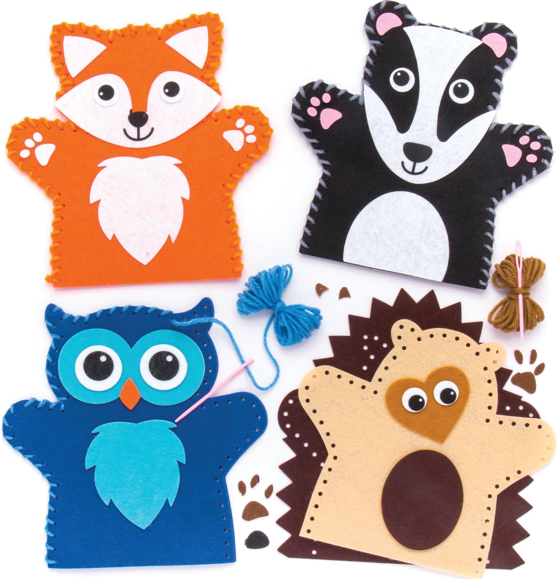 Baker Ross AR637 Woodland Animal Hand Puppet Sewing Kits (Pack of 4) for Kids Arts and Crafts