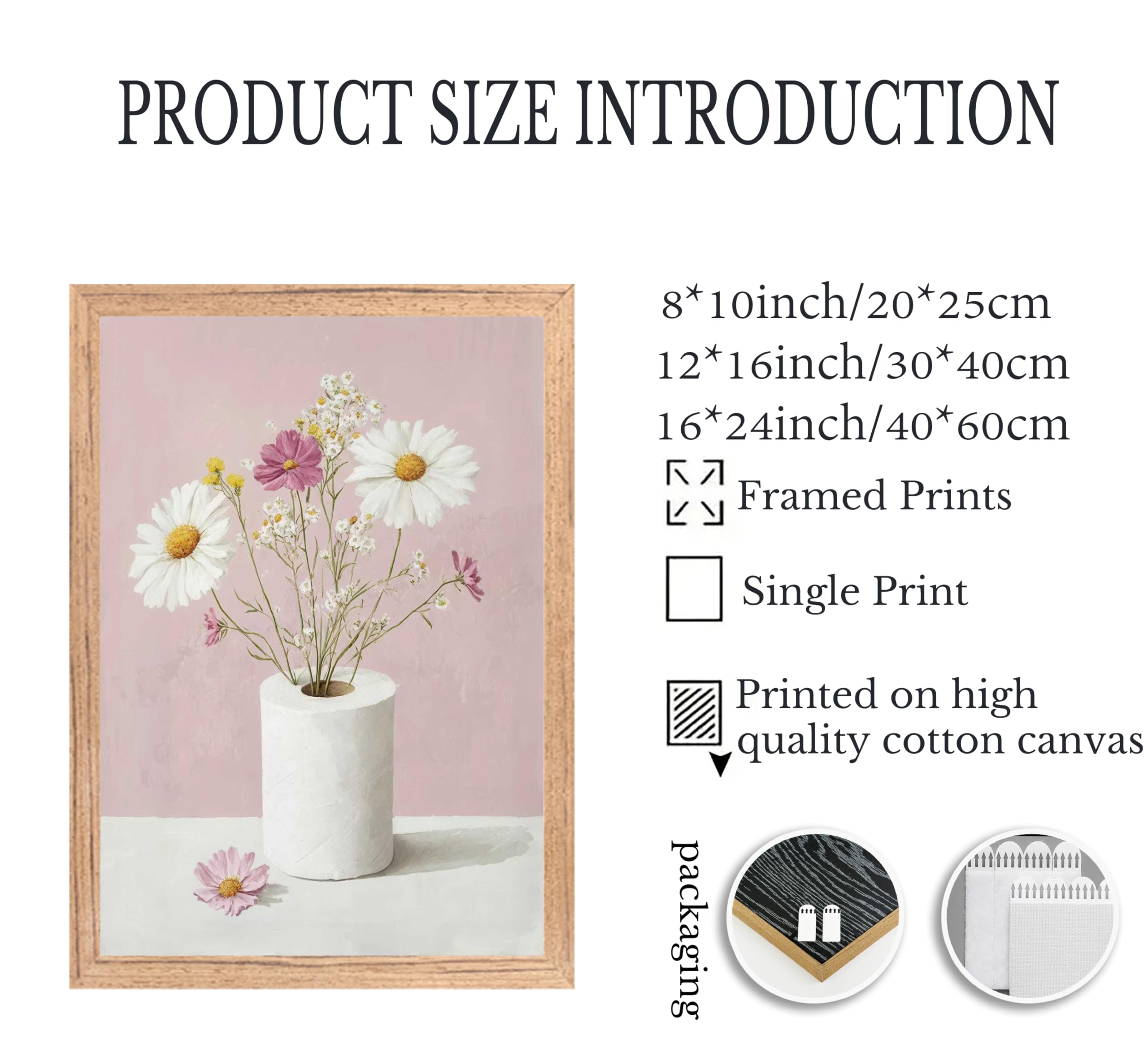 Framed Funny Bathroom Canvas Wall Art,Pink Daisy Floral Botanical Painting Picture Wall Decor,Minimalist Toilet Paper Flower Poster Print Artwork,for Restroom Toilet Home Decoration, — view 2