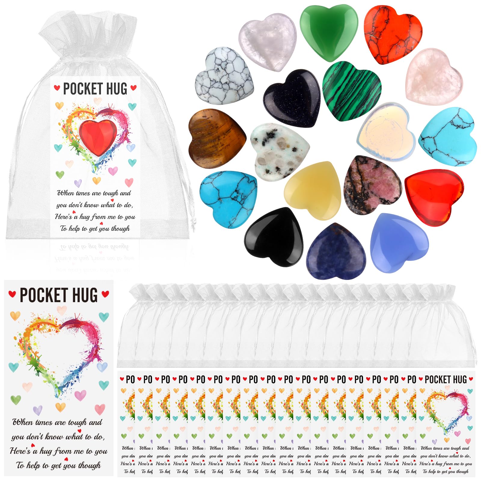 RUIYELE 18 Sets Pocket Hug Gift Pocket Hug Token Bulk Natural Heart Crystals with Hug Cards Organza Bags Inspirational Greeting Cards Exchange Gift for Women Friends Colleagues Family