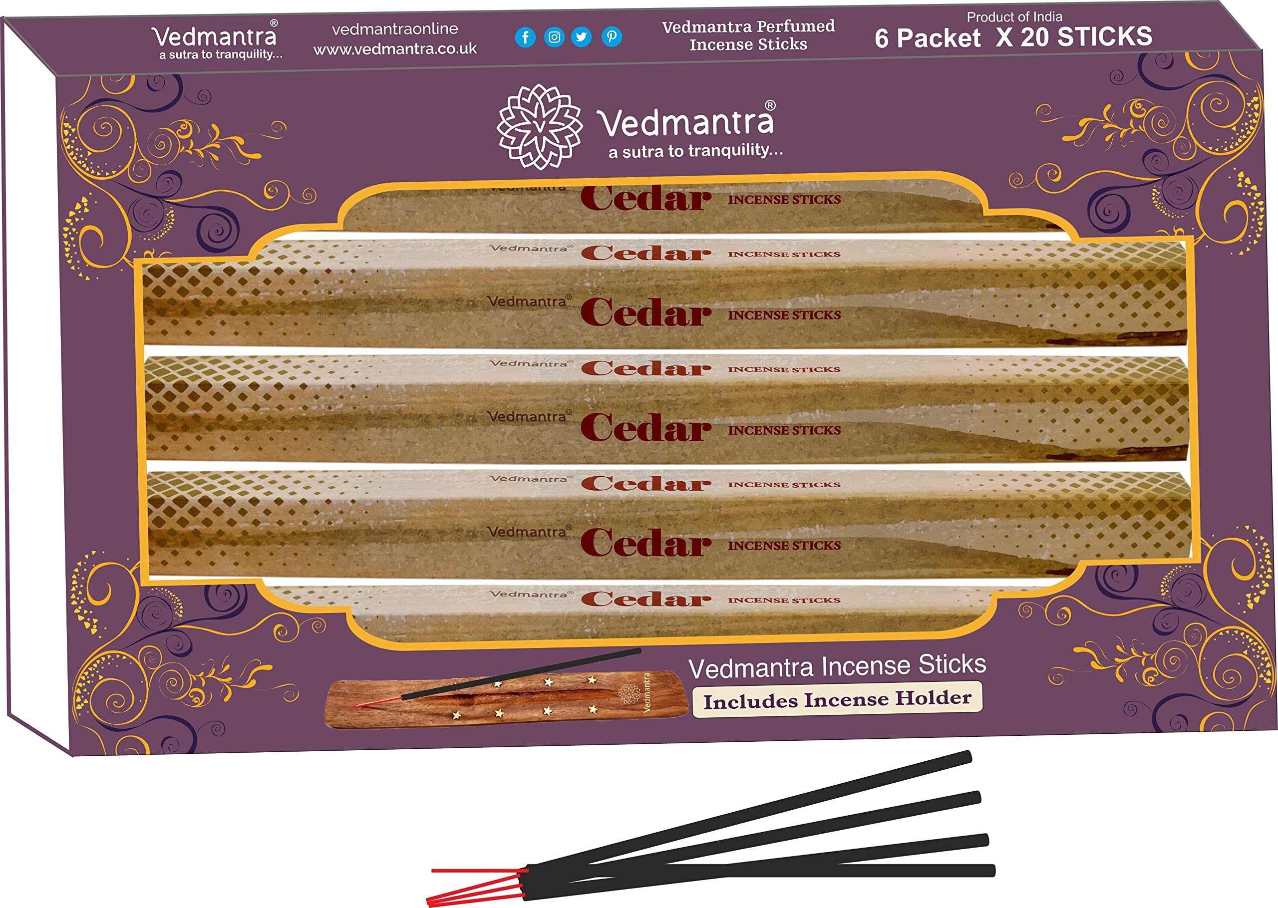 VedmantraCedar Incense Gift Collection - Premium Brands – Satya, Hem, Stamford and Many More (Vedmantra 6 Pack + Holder)