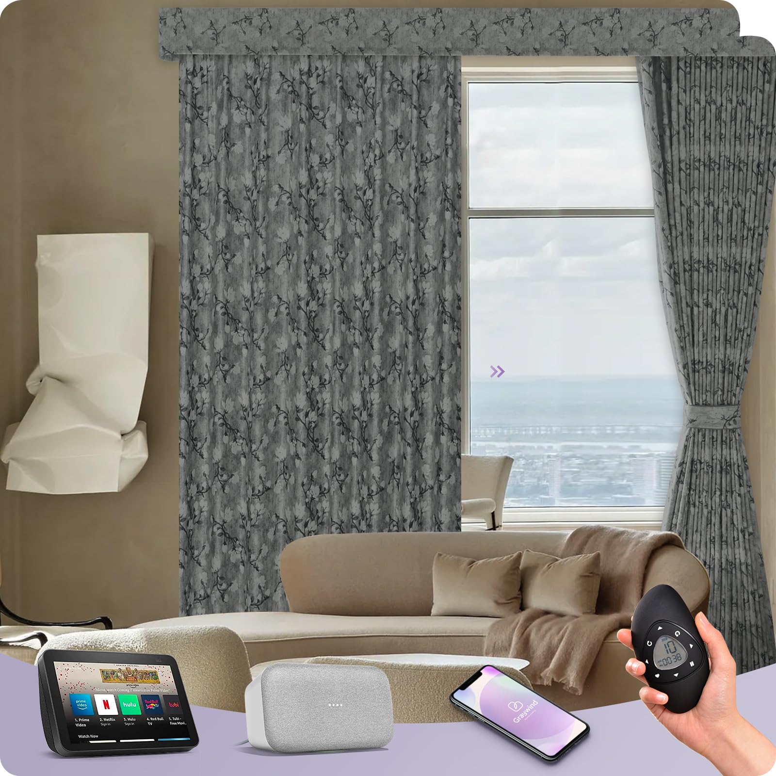 Graywind Hardwired Smart Curtains Compatible with Alexa Google Remote Control Motorized Drape for Sliding Door One-Way or Split Draw, Custom Width to 207" (Kapok Series)