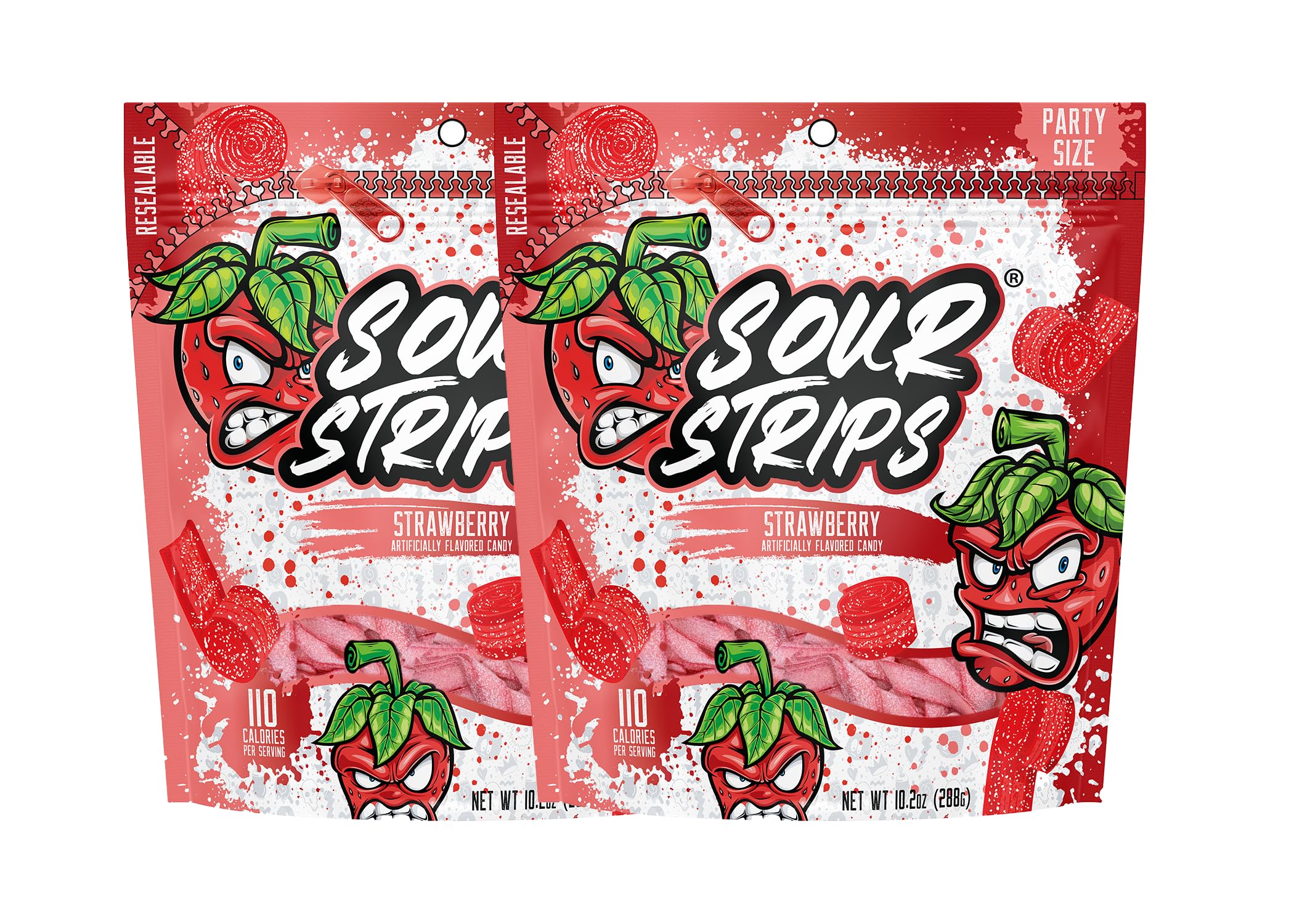 SOUR STRIPSSour Candy Belts, Strawberry Resealable Candy Bags, 10.2 Ounce (Pack of 2)