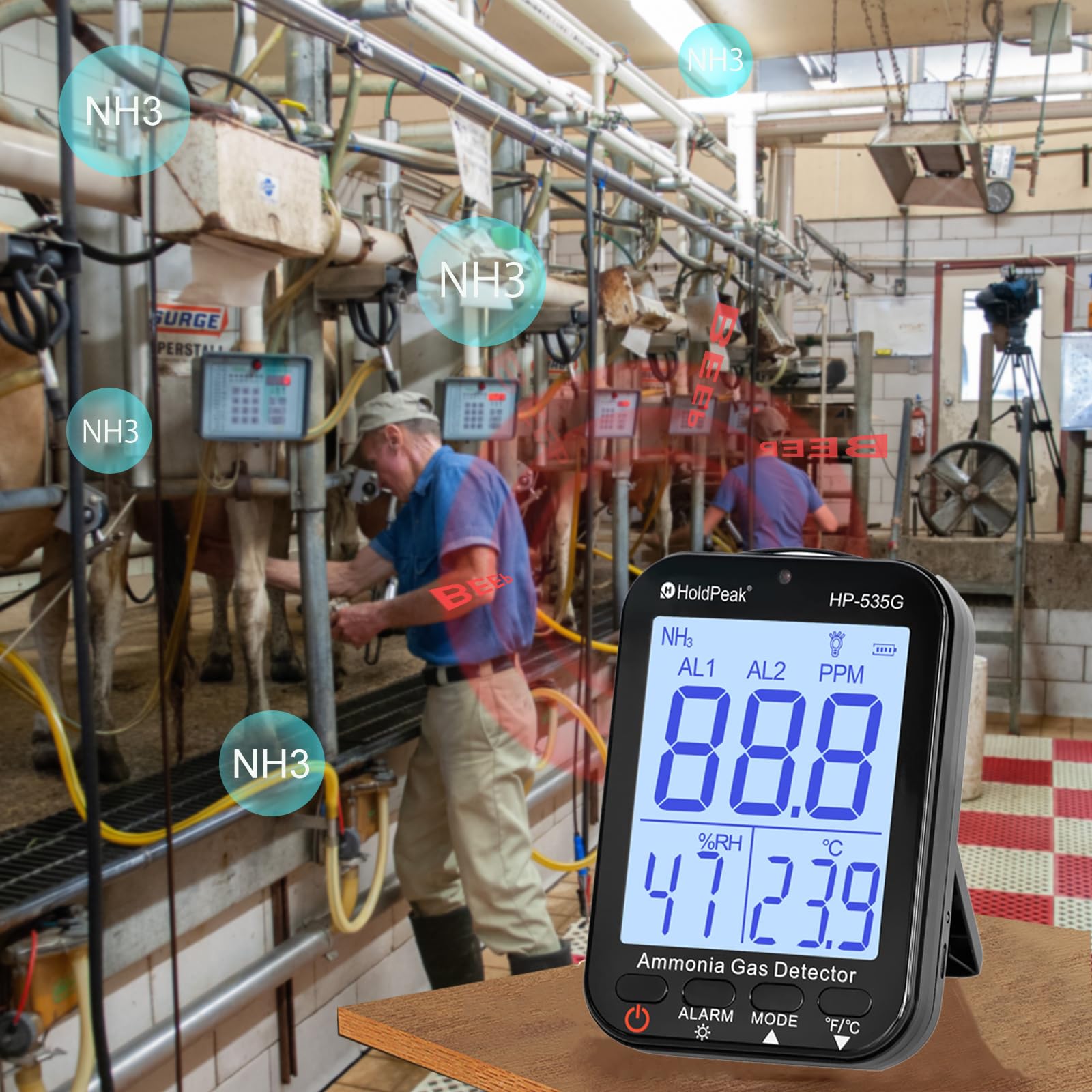 Détecteur de gaz Ammoniac NH3 0~100 PPM, Résolution 0.1 PPM Rechargeable Détecteur Qualité Air pour Température et Humidité, Double Alarme Acoustique et Optique, pour la Ferme/Produits Chimiques