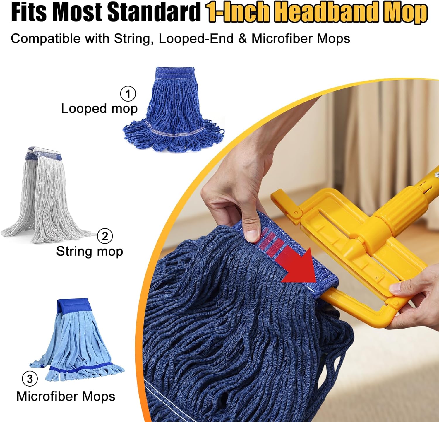 Commercial Mop Handle Replacement - 60" Heavy Duty Industrial Janitor Mops Stick,Quick-Lock ABS Clamp,Professional for Restaurant,Office,Floor,Garage,Patio - Fit for String Mop,Looped-End Rag