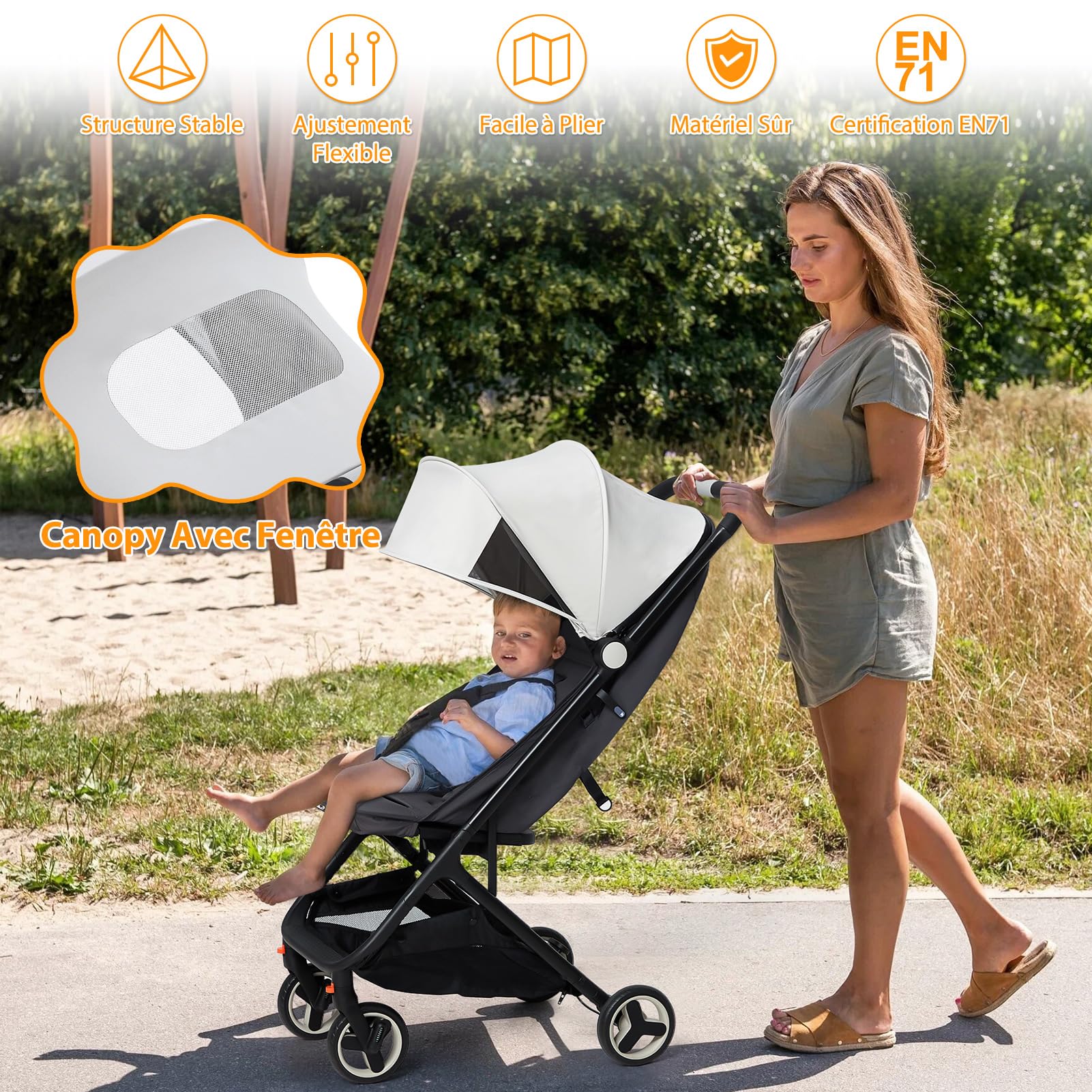 Poussette Bébé Ultra Compacte Format Sac à Dos pour Voyage Avion, Pliable Une Main Dossier Inclinable 95° à 150° Harnais 5 Points Roues Résistantes, Poussette Légère pour Vacances