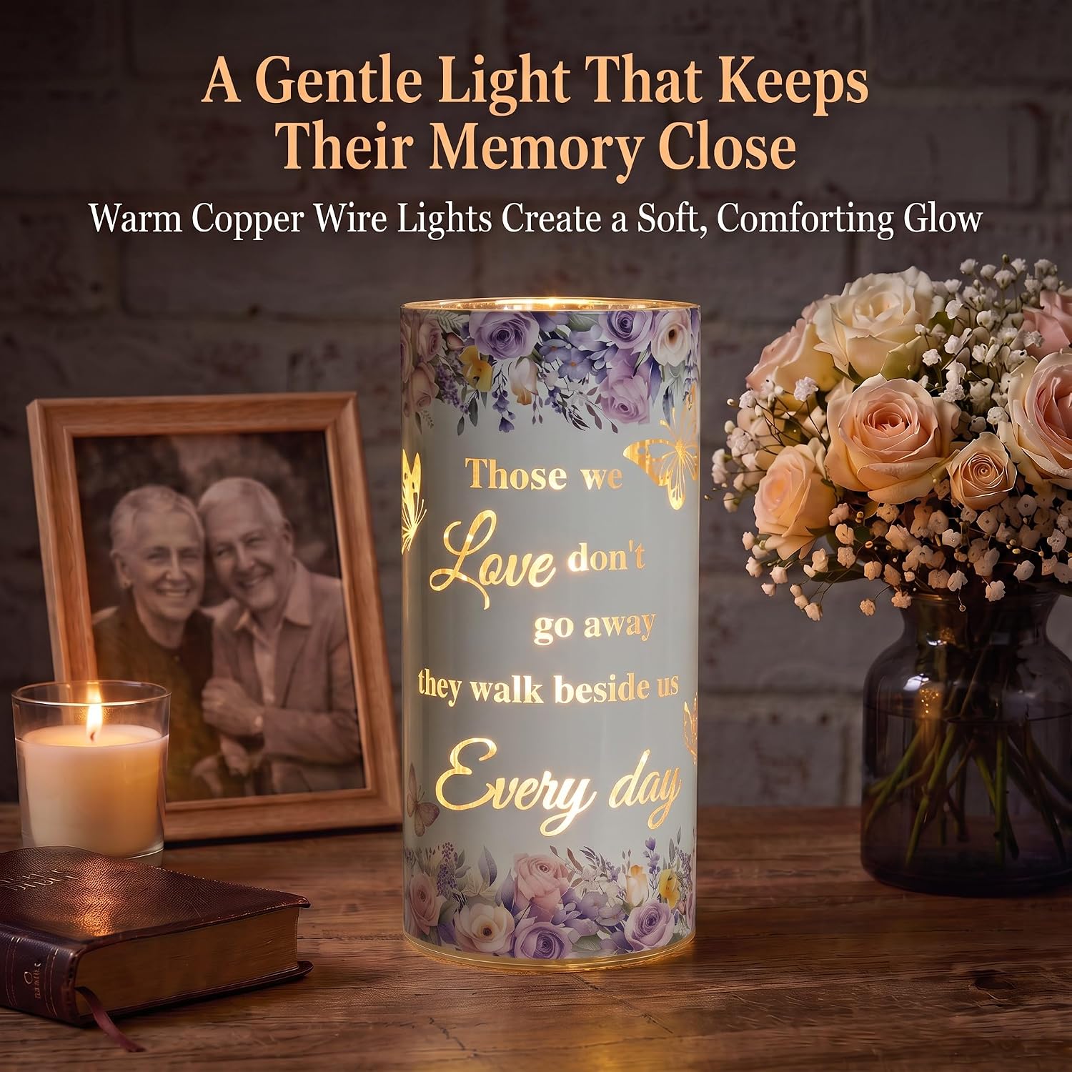 Memorial Glass Hurricane with LED Lights, Sympathy Gift