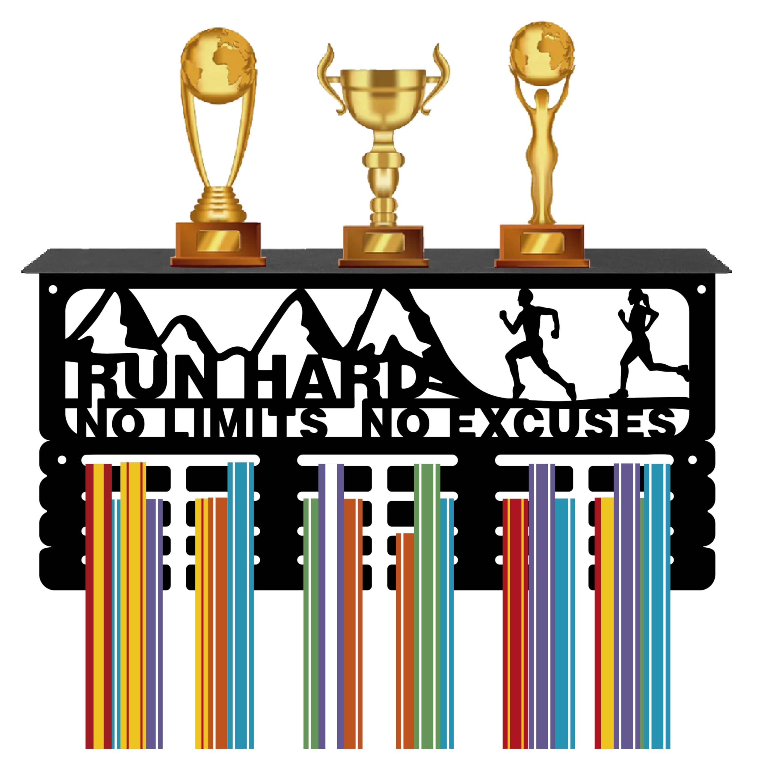 CREATCABIN Soporte para Medallas Correr,Estante para Trofeos,Colgador Medallas Soporte para Estante,Deportes,4 Fila,Montaje En Pared,Soporte para Hombres,Gimnasia,Fútbol,Correr,40x20x10 cm