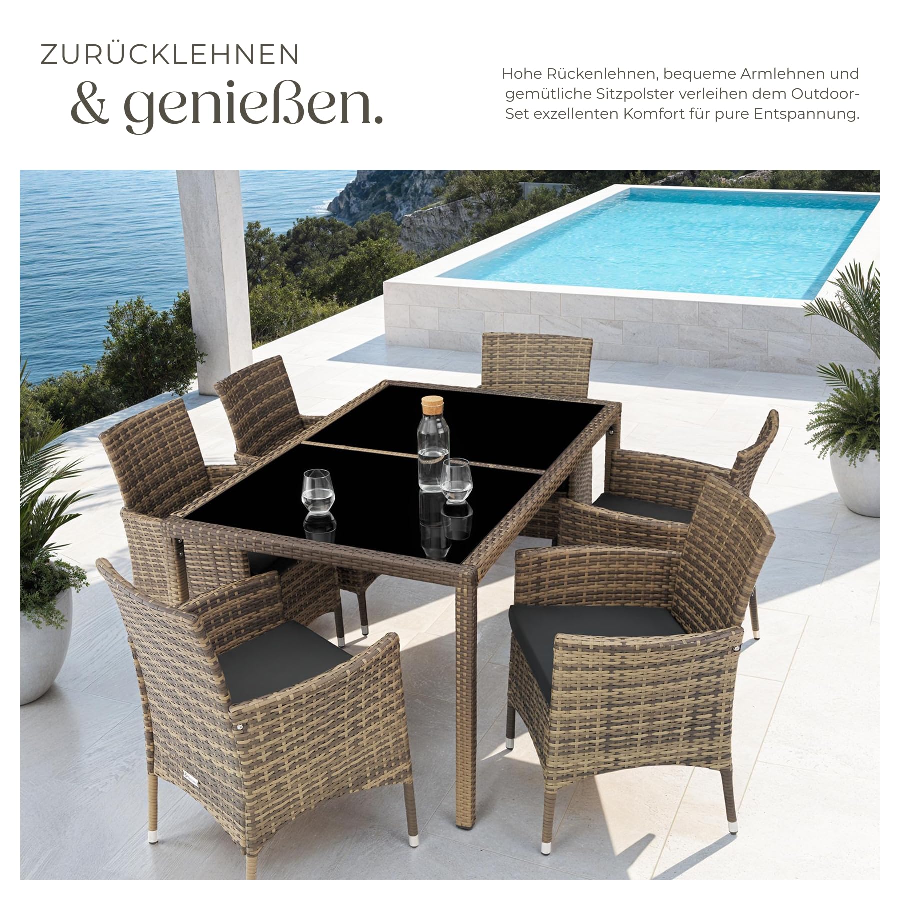 tectake Polyrattan Sitzgruppe für 6 Personen, Balkon Möbel, Gartenmöbel Set mit Tisch und 6 Stühlen, Essgruppe für Garten Terrasse und Balkon, inkl. Sitzkissen und Schutzhülle - Natur/dunkelgrau