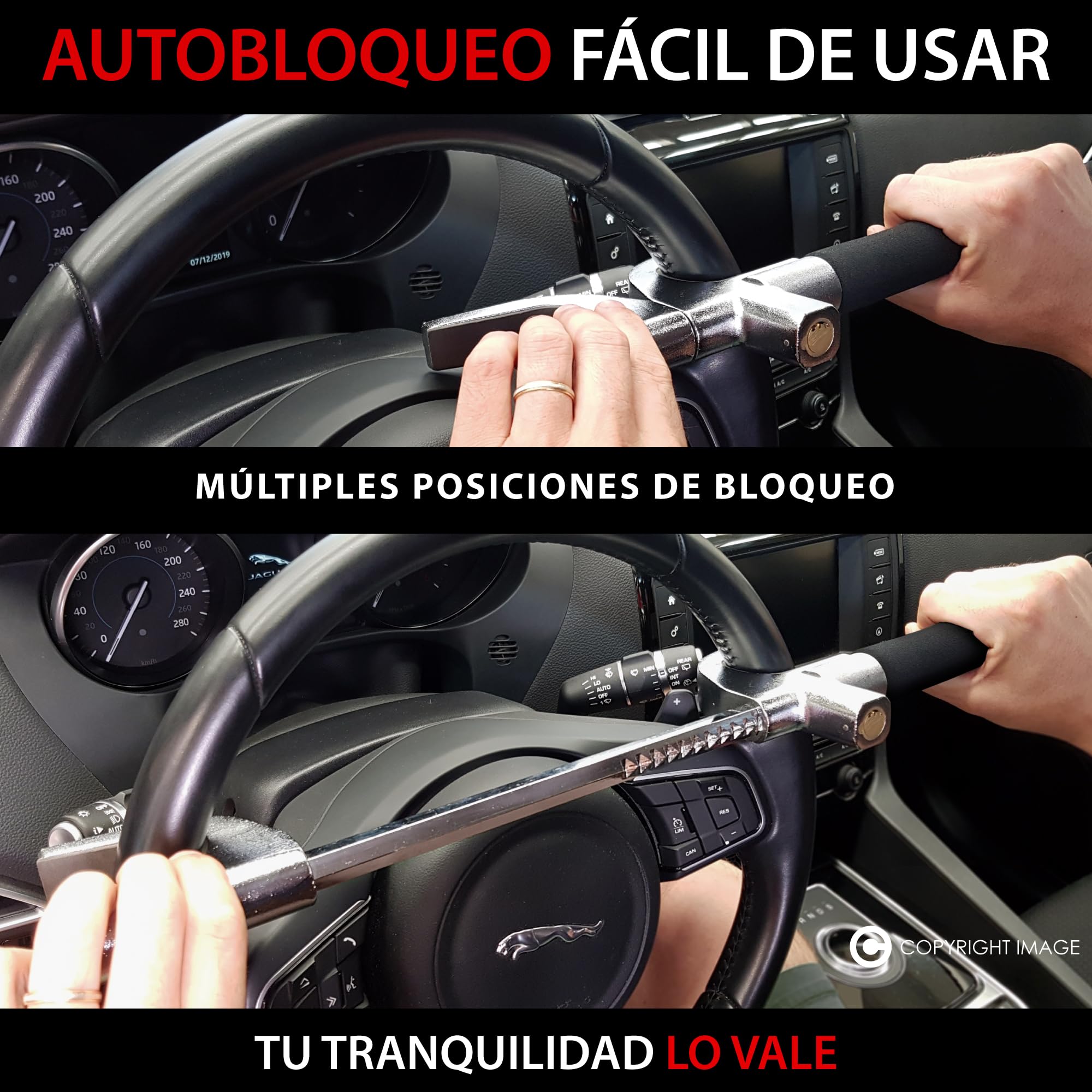 KRASER WA839B Antirrobo Coche, Alta Seguridad, Barra Volante Reforzada, Muy Visible y Disuasorio, Bloqueo Más Ajustable, Martillo Emergencia, Cepo Coche Universal SUV Furgoneta Autocaravana