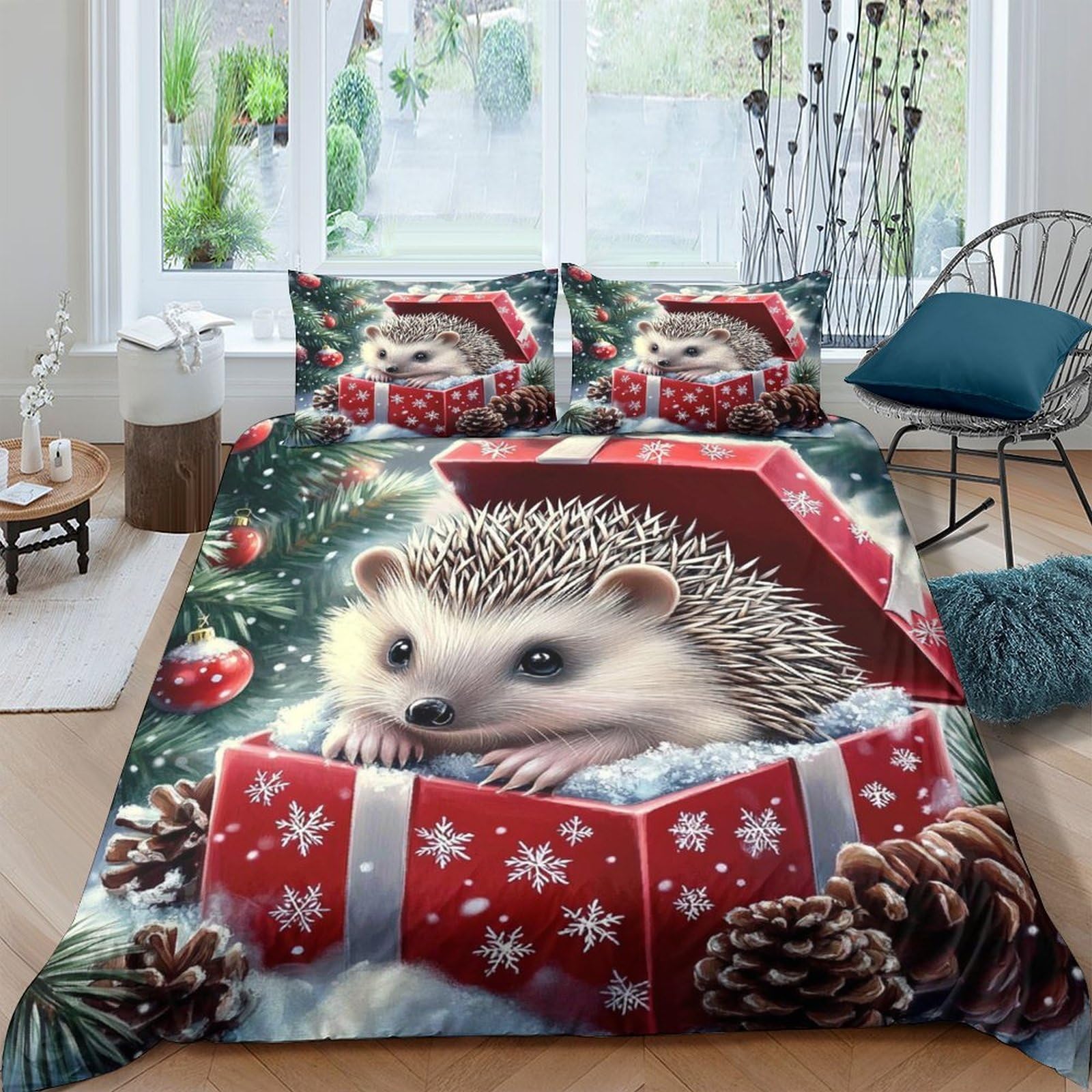 Ctjqhvkz Style-4 3D Printed Christmas Hedgehog Fitted Sheet Microfiber Festive Gift Box Bed Cover For Bedroom Guest Room Decor Single（135X200cm）