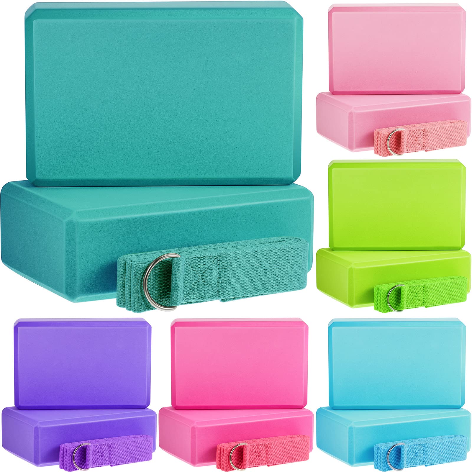 Photo 1 of 18 Pcs Yoga Block and Yoga Strap Set EVA Foam Yoga Blocks 9 x 6 x 3 Inches Non Slip Yoga Brick 8 ft Yoga Straps for Stretching D Ring Strap for Yoga Pilates Fitness Workout Exercise Multicolor