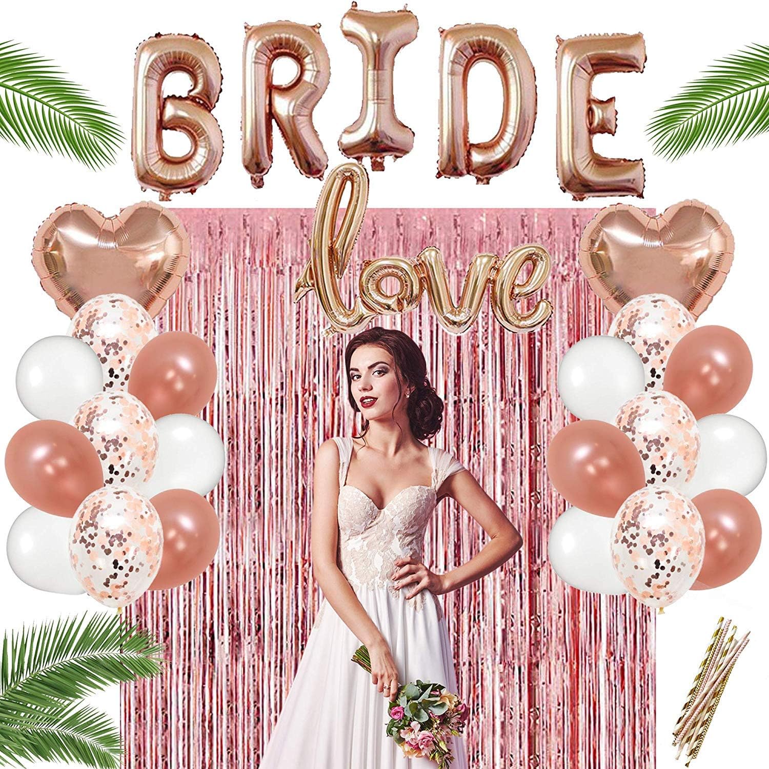 Rose Gold Bridal Shower Decorations, Includes 26 PCS Bachelor Party Decor, Bride to Be Banner, Sash,Tassel, 6 Confetti Balloons, 6 Latex Balloons, 2 foil Balloons, 2 Silver Fringe Curtain, Big Ring