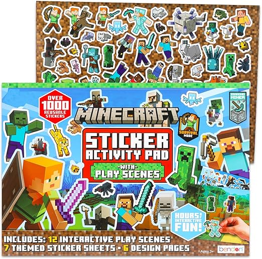 Minecraft Giant Sticker Box Activity Set - Bundle with Over 1000 Video Game Minecraft Stickers Featuring Alex, Steve, Enderman, Ender Dragon, Chicken Jockey and More