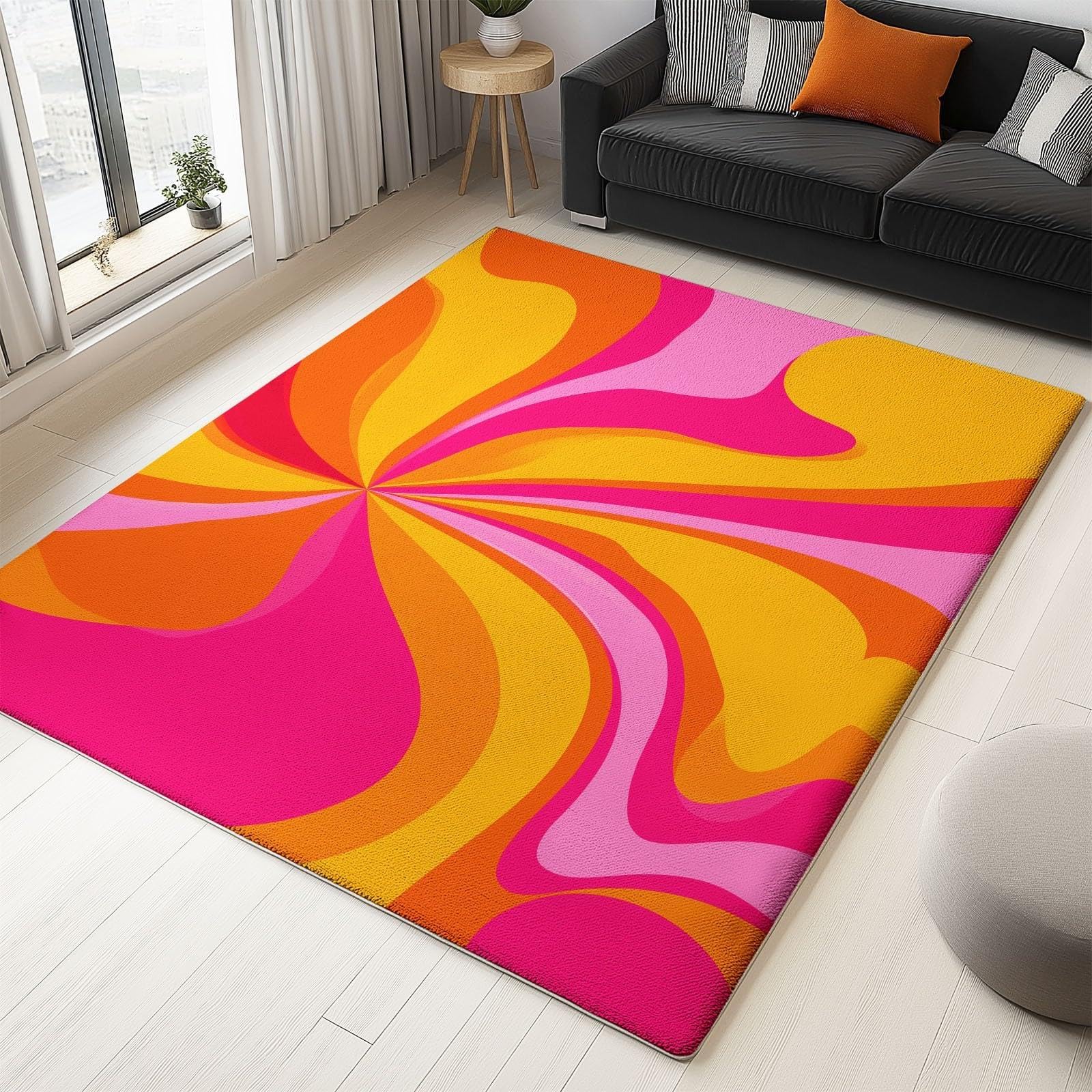 Tapis de chambre orangé rose jaune 200x200cm lavable à motif abstrait