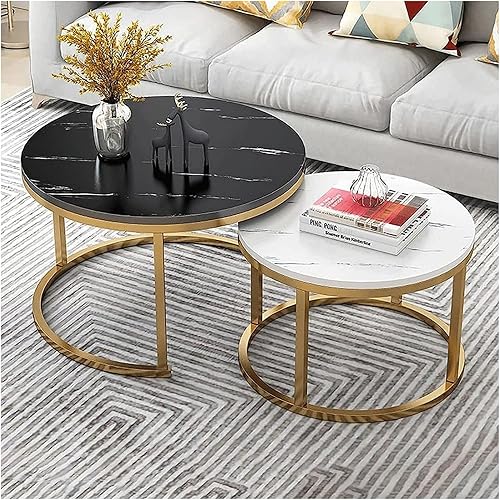 Mesa - Juego de 2 mesas de centro redondas con parte superior de mármol sintético, mesa auxiliar moderna d metal e esquina anidable mesa de cóctel