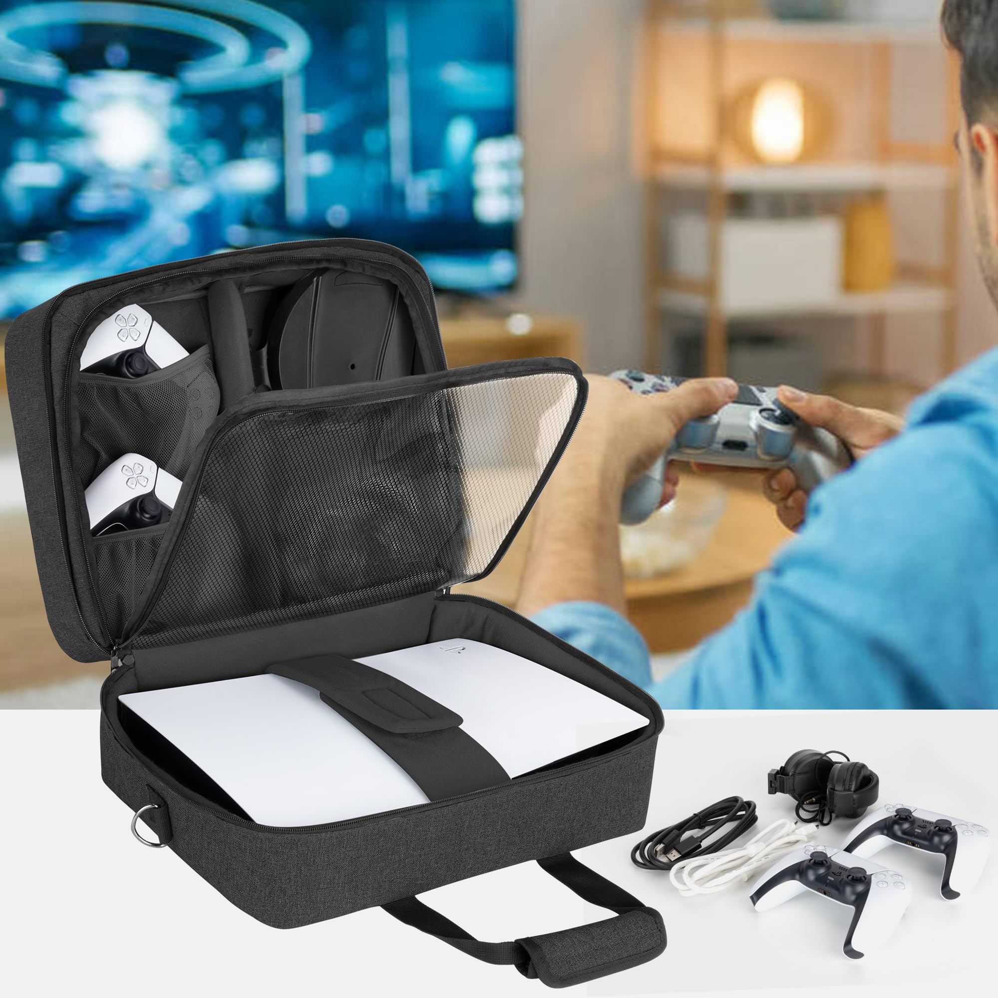 Trunab Bolsa Compatible con PS5/PS5 Slim/PS4/PS4 Pro/PS4 Slim/Xbox One/Xbox One X/Xbox One S/Xbox Series S, Bolsa Viaje Trasporte con Múltiples Bolsillos para Consola de Juegos, Negro