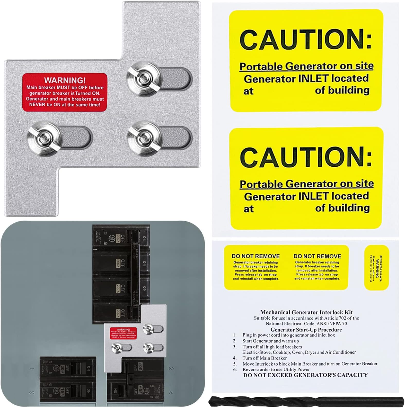 Generator Lock Kit Universal Electric GE 150 or 200 Amp Panels, Generator Electric Lock Kit, 1 1/4 Inch Gap Between Main and Branch Breaker