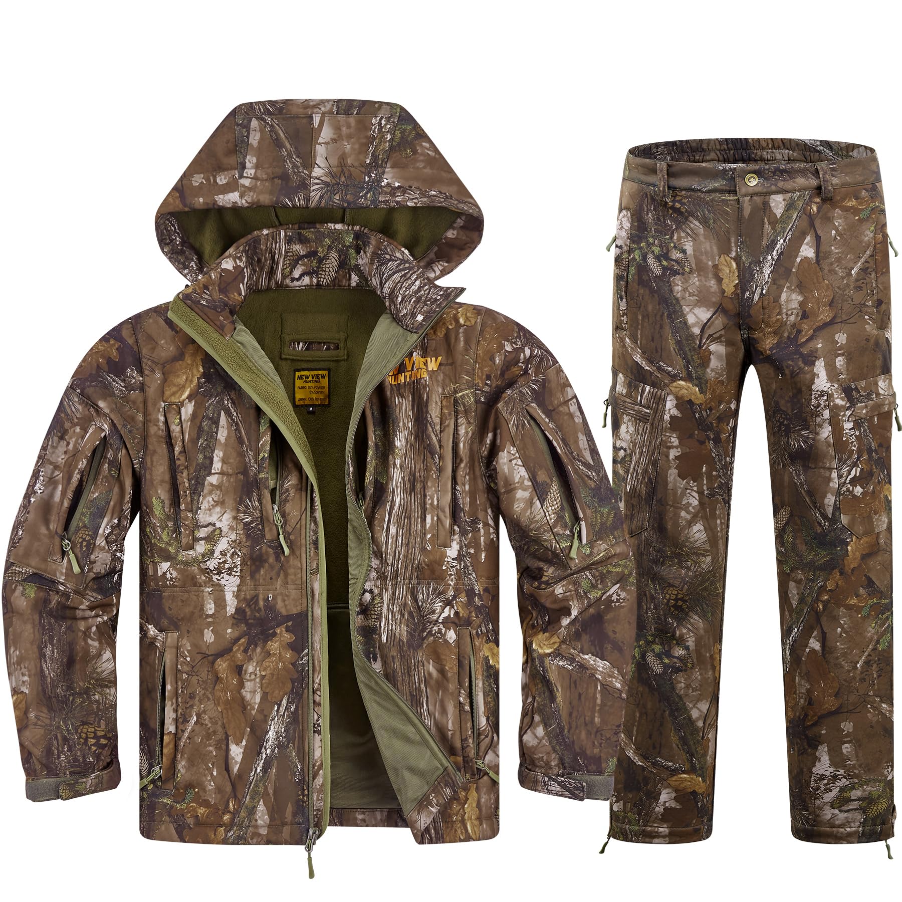NewView Vêtement de chasse Silent Camo pour homme, veste et pantalon de chasse doublés en polaire pour la chasse au cerf et au canard, chaud et résistant à l'eau